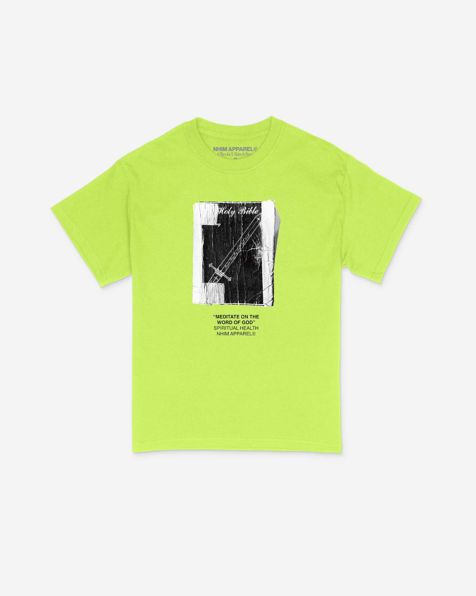 Christian t shirt. Meditate on the word of God. Spiritual Health. Bible picture shirt with sword. NHiM Apparel. Neon Yellow.