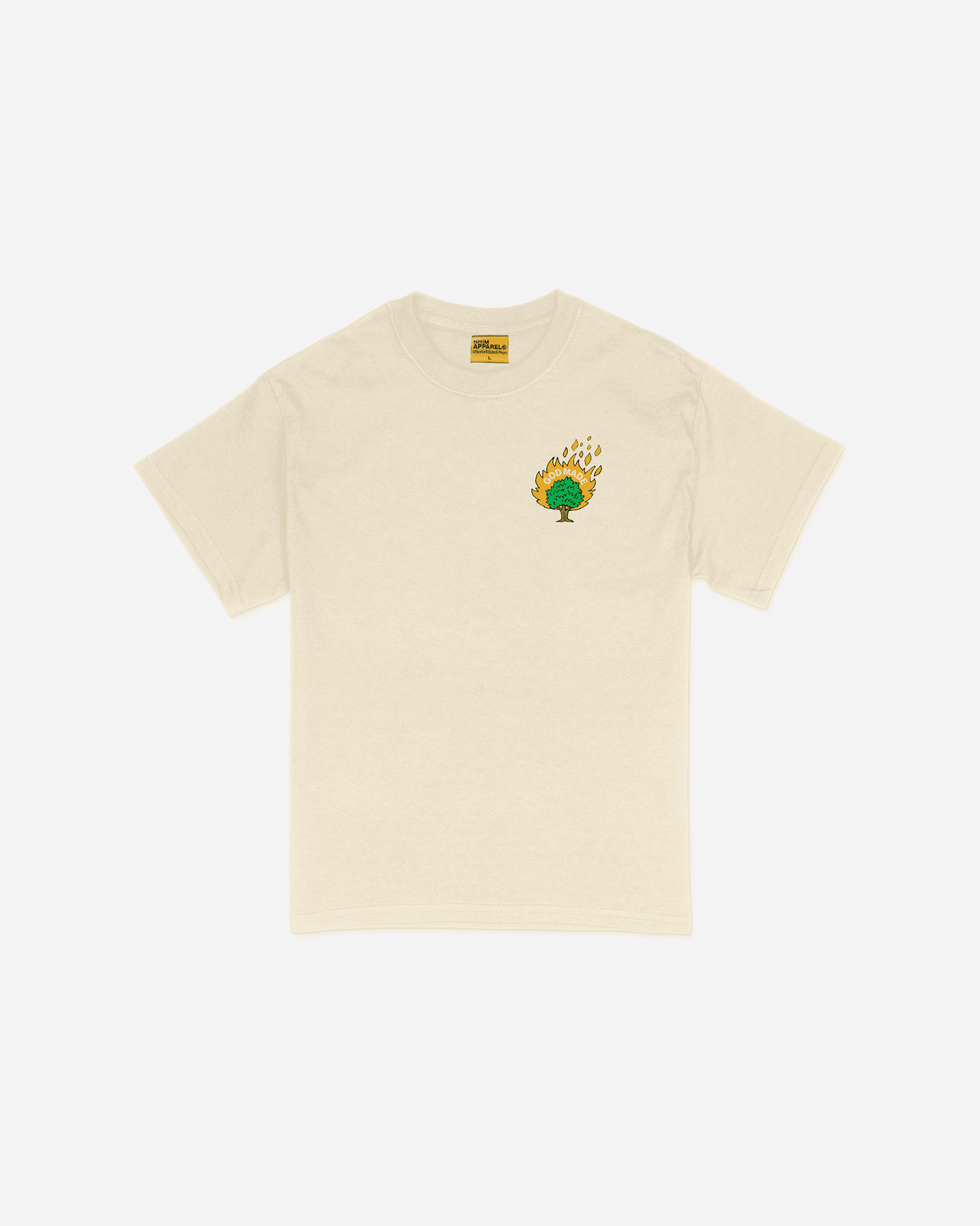 Burning Bush T-Shirt by NHIM APPAREL christian clothing brand. natural colored shirt with burning bush saying "GOD MADE"