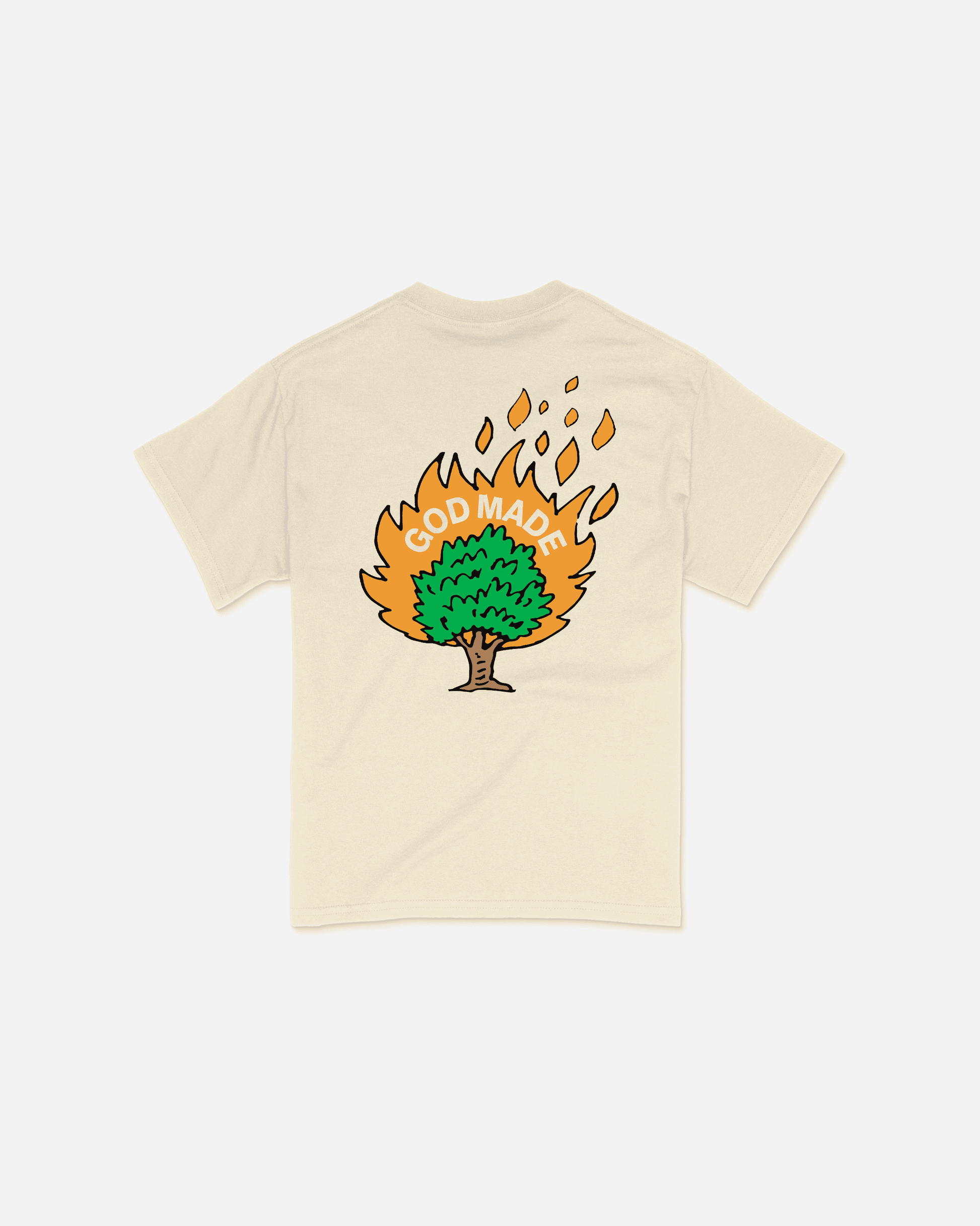 Burning Bush T-Shirt by NHIM APPAREL christian clothing brand. natural colored shirt with burning bush saying "GOD MADE"