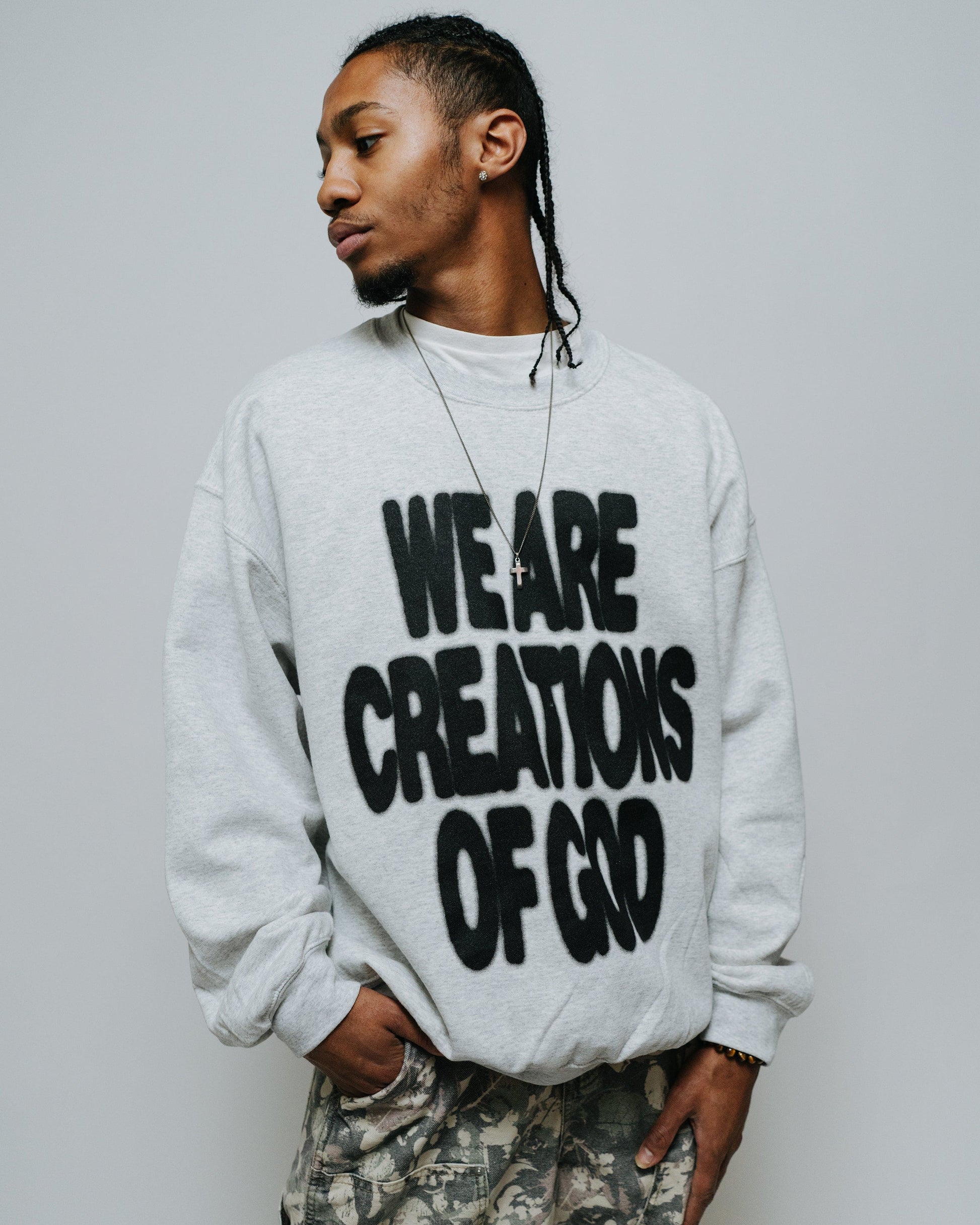 WE ARE CREATIONS OF GOD ash crewneck sweatshirt by NHIM Apparel Christian clothing brand