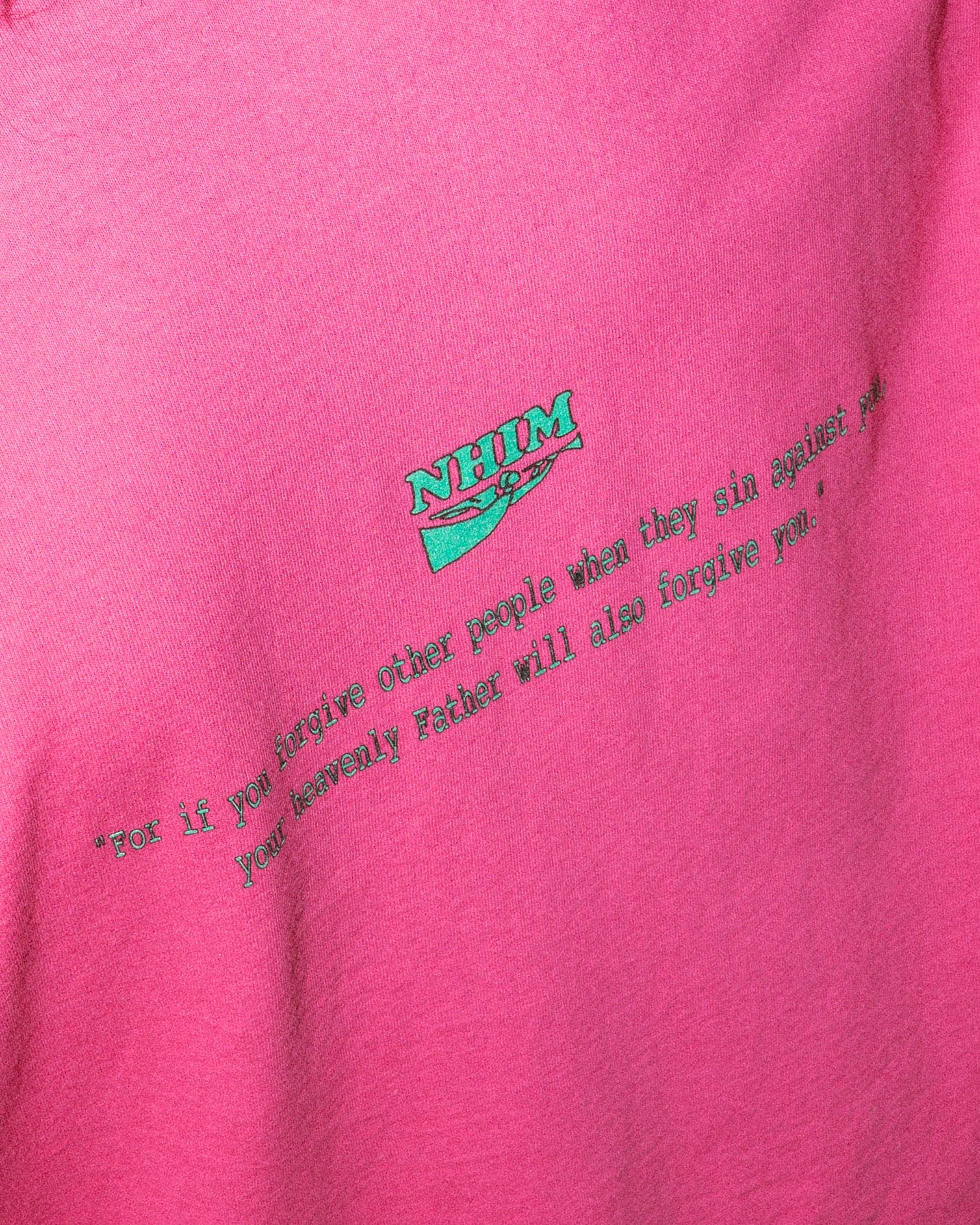 back of pink Christian t shirt showing NHIM Apparel logo and bible verse