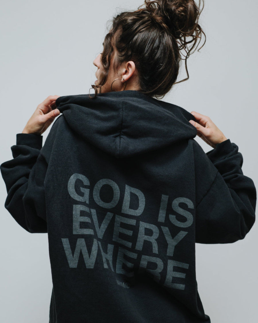 God Is Everywhere black on black christian hoodie by NHIM Apparel christian clothing brand