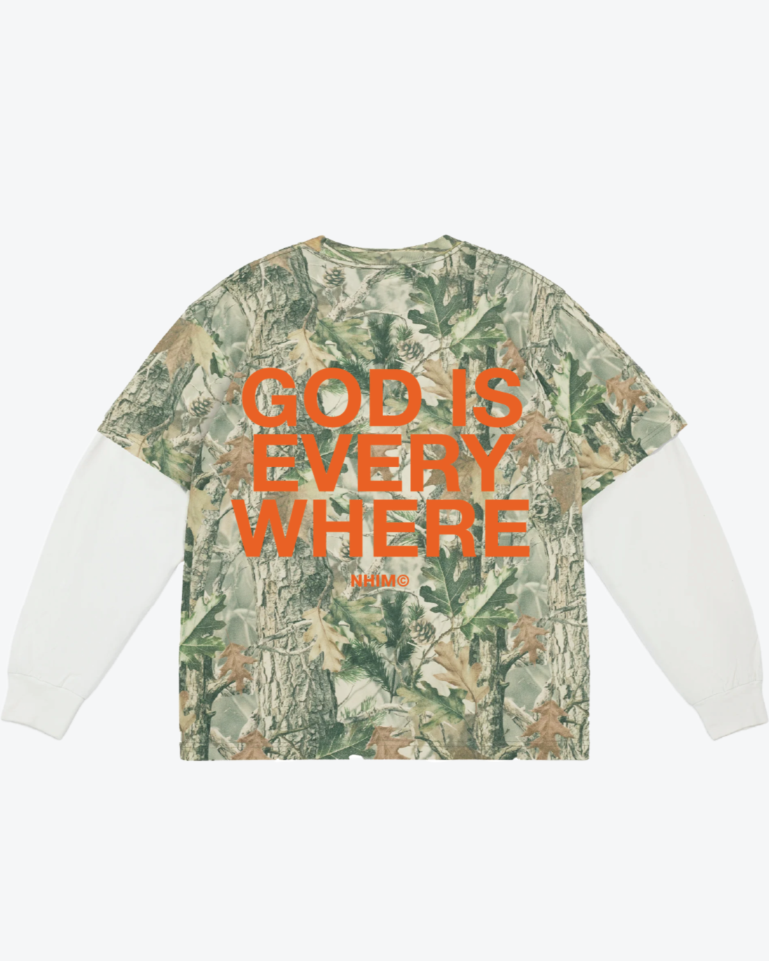 GOD IS EVERYWHERE LS IN VINTAGE WOOD CAMO