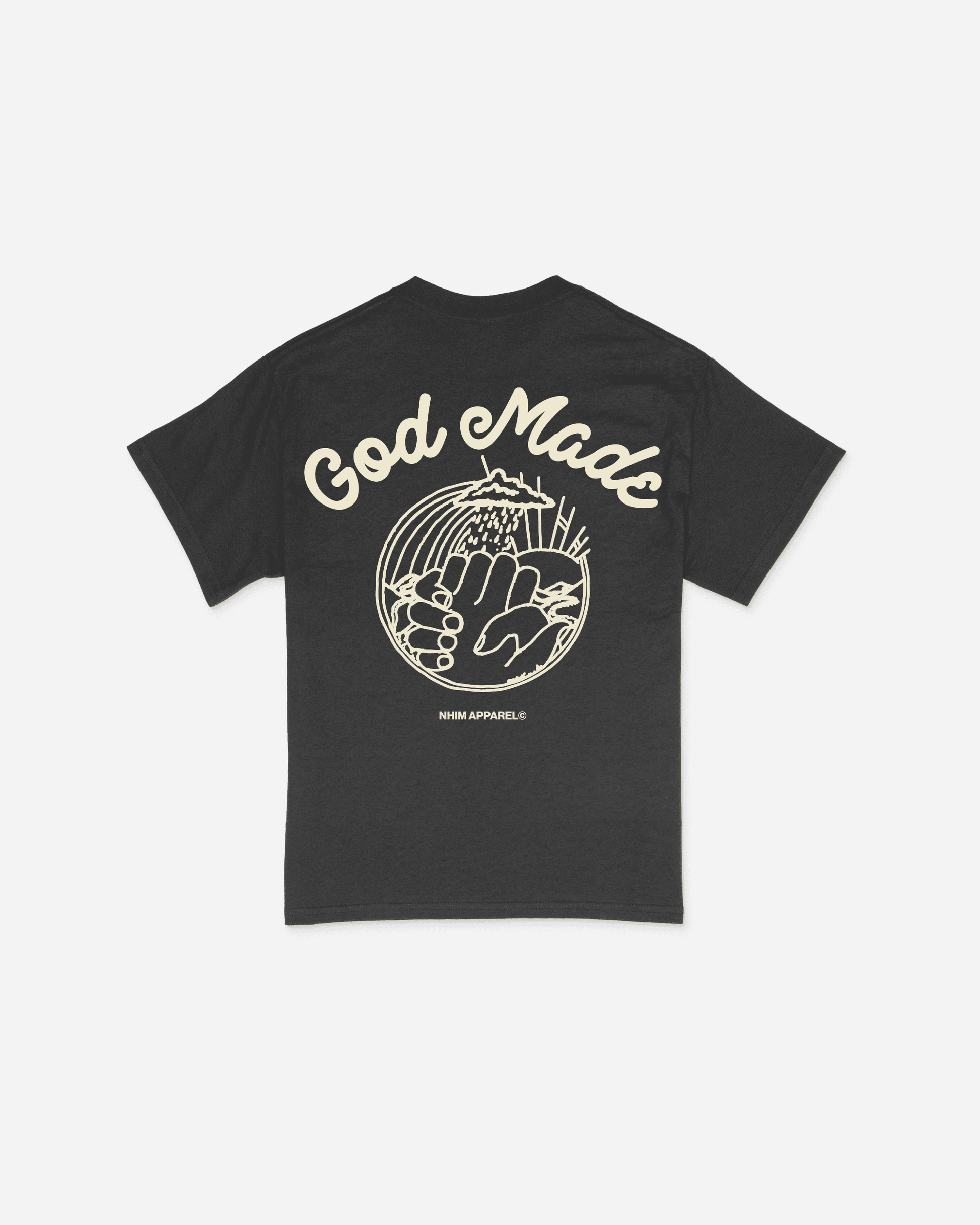 Christian t shirt. God made creation black shirt. NHIM Apparel Christian clothing company. Praying hands under rain and rainbow.