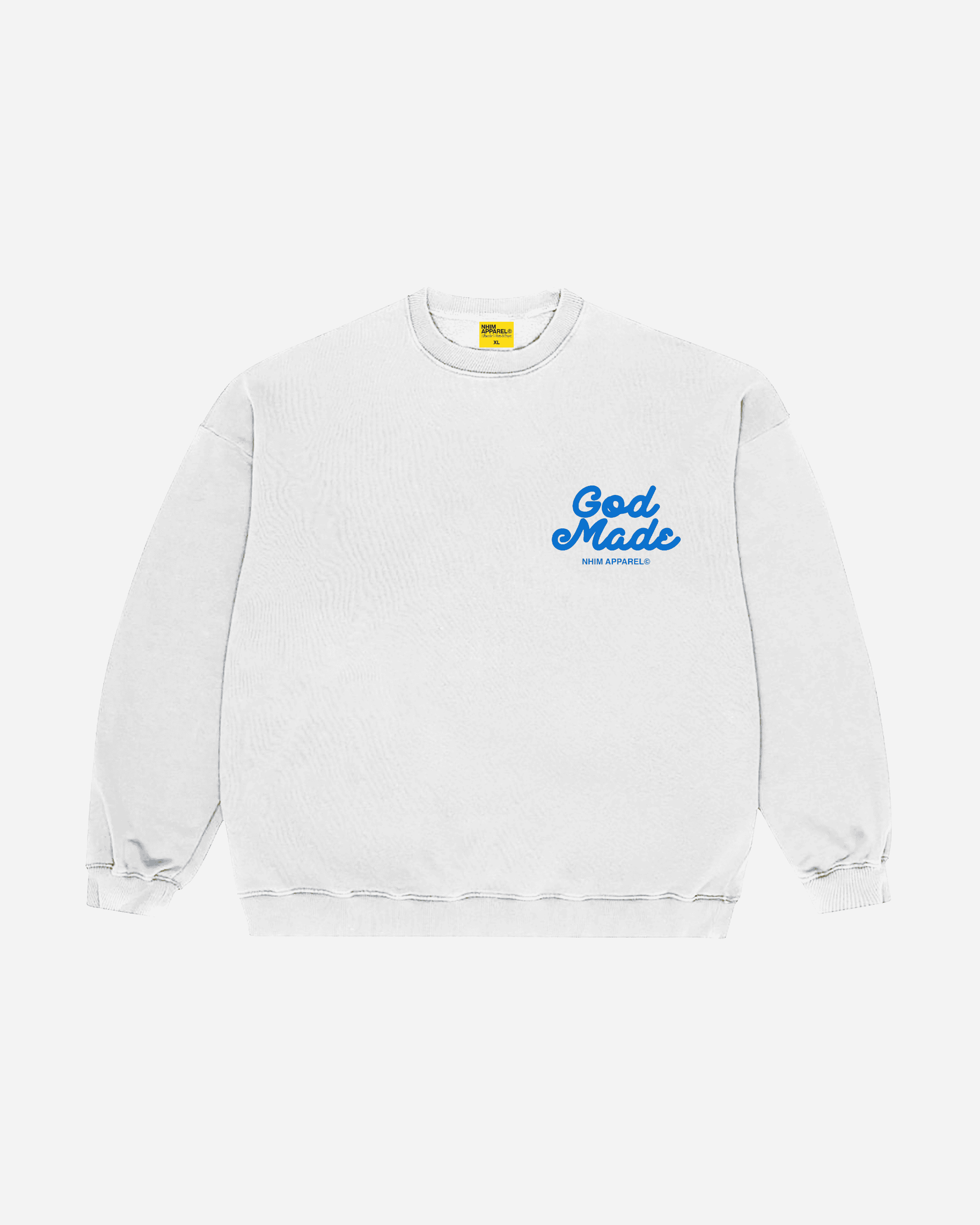 God Made white crew neck sweatshirt with blue graphic made by NHIM APPAREL christian clothing brand