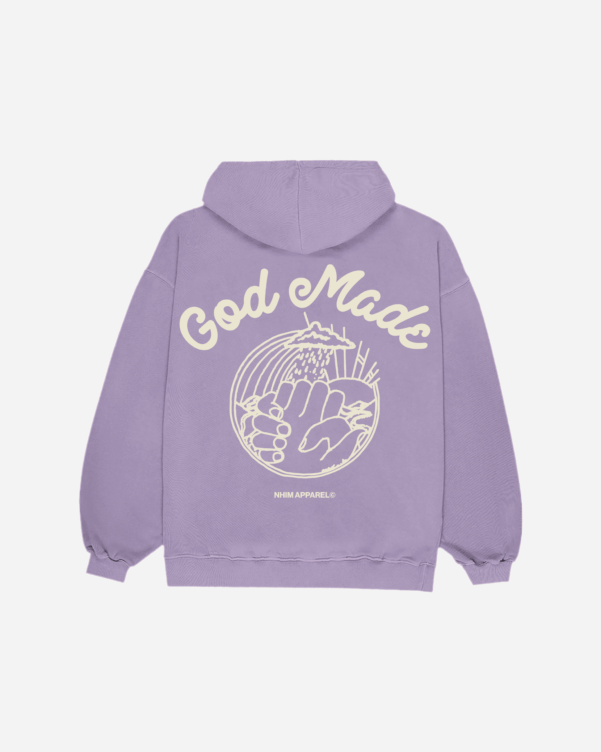 God Made lavender colored hooded sweatshirt with white graphic made by NHIM APPAREL christian clothing brand