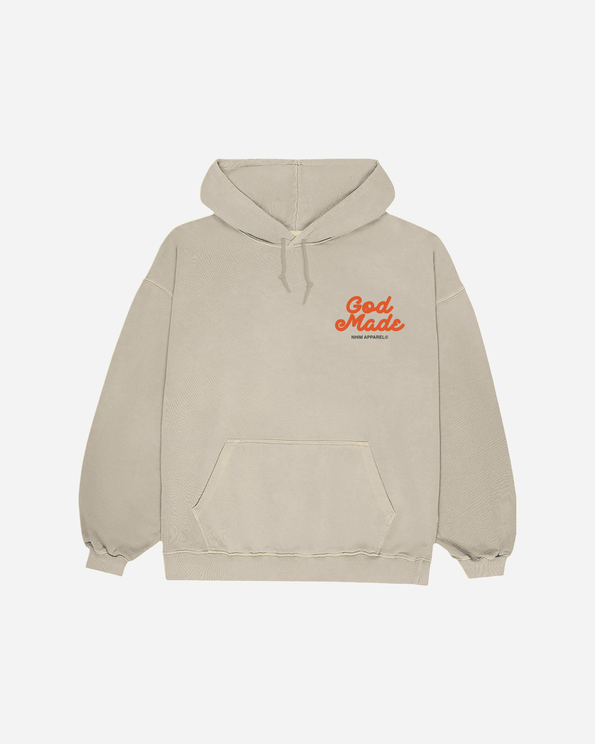 God Made sand colored hooded sweatshirt with orange and green graphic made by NHIM APPAREL christian clothing brand