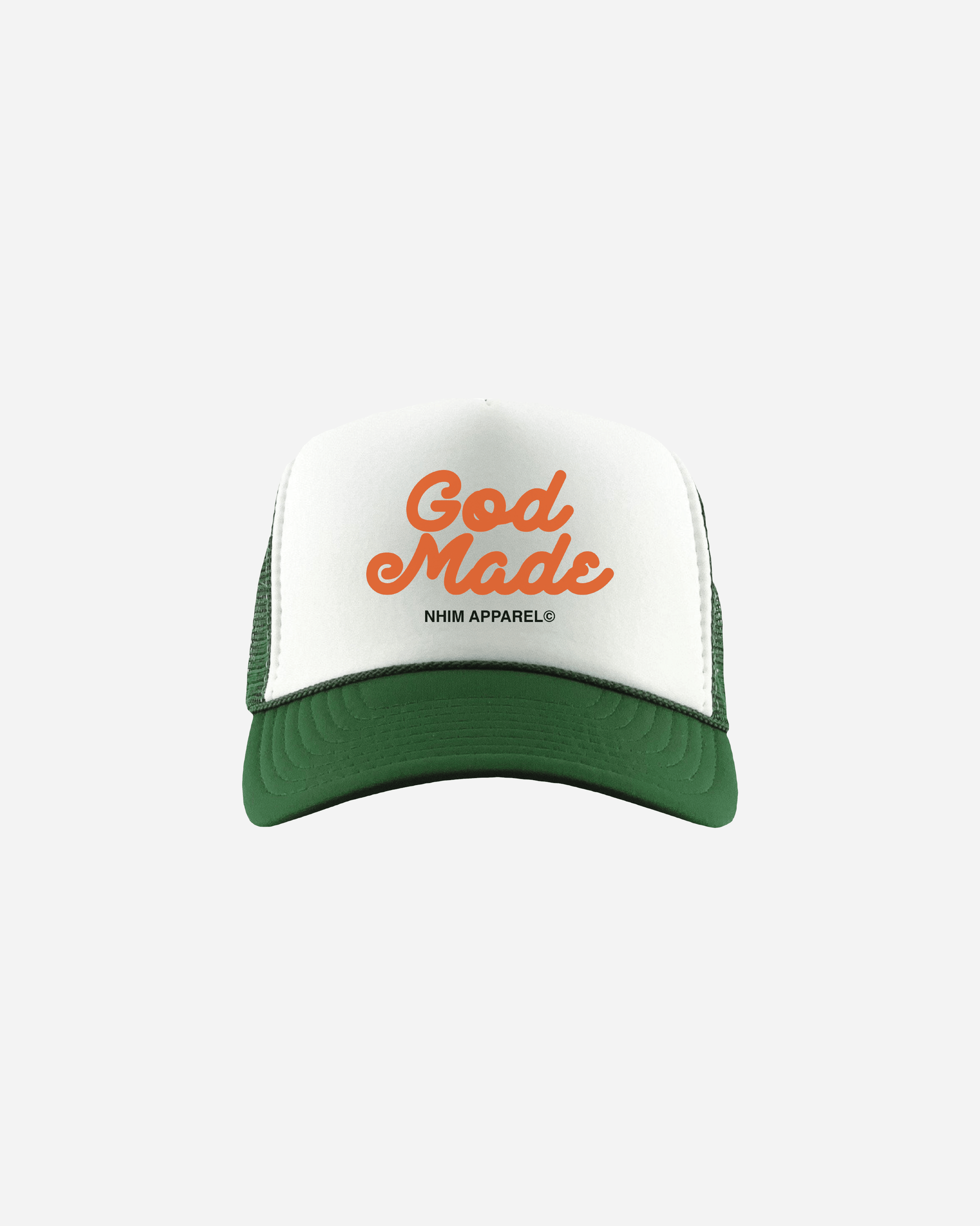 Christian trucker hat. God Made Creation green and white trucker hat. NHiM Apparel Christian Clothing Company