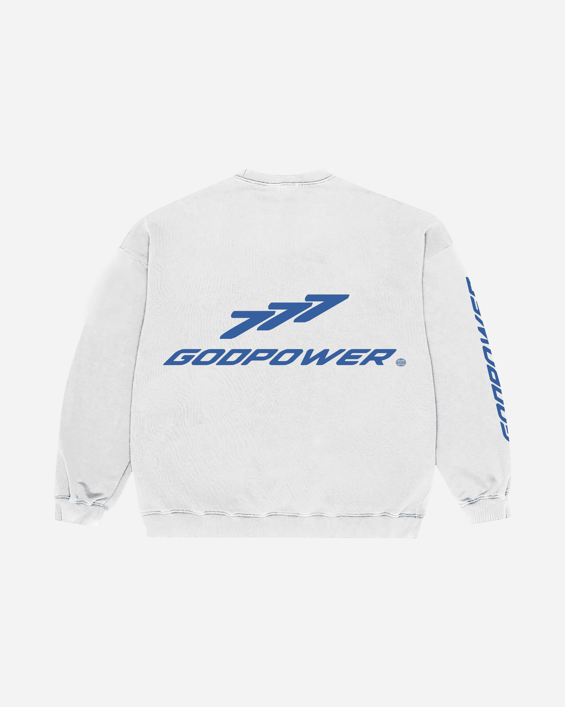 GODPOWER white crewneck christian sweatshirt by NHIM Apparel Christian clothing brand