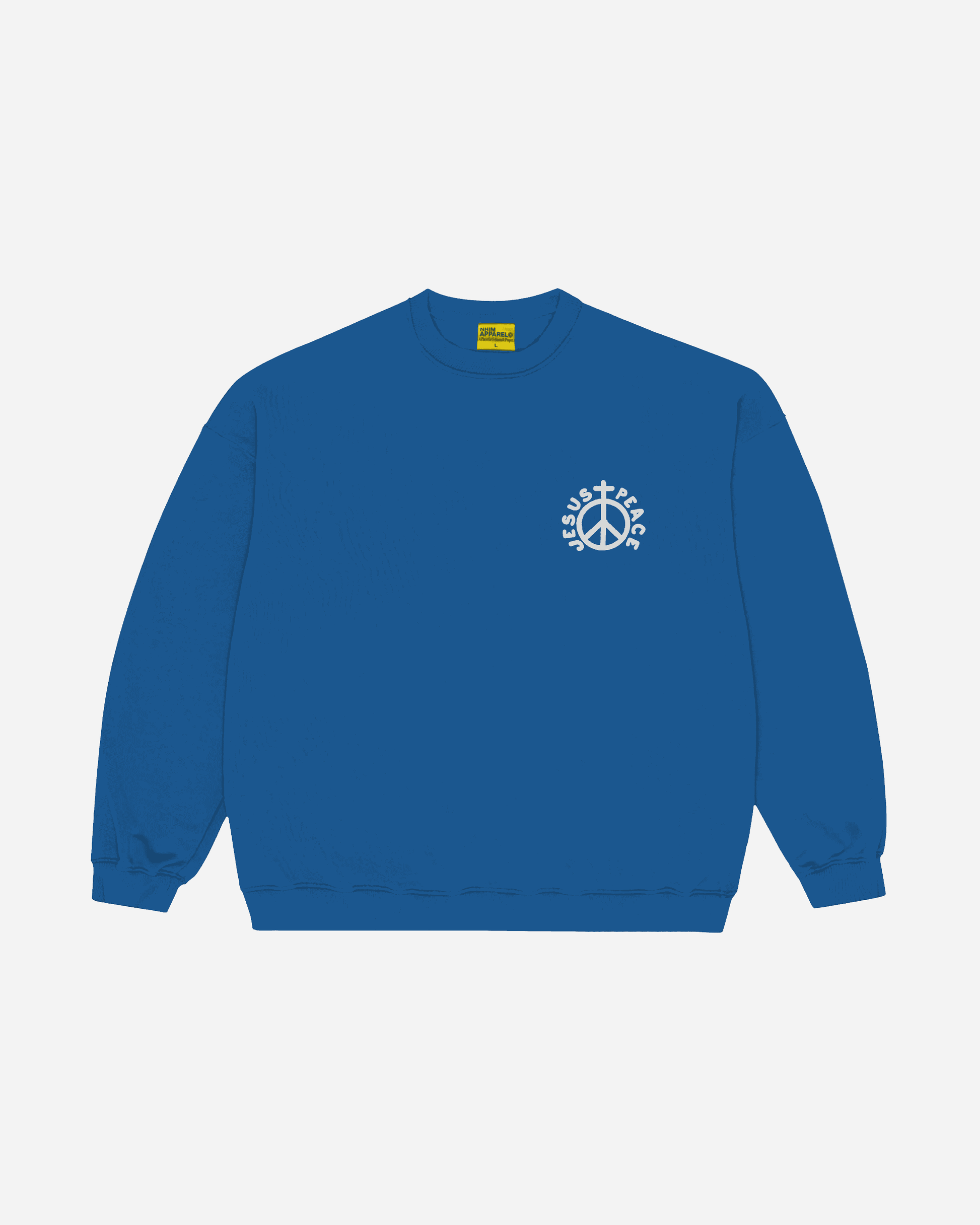 "Jesus Peace" Crewneck Sweatshirt in Royal for the modern day Jesus People movement. A collection inspired by the words of 2 Thessalonians. Made in the USA by NHIM Apparel Christian clothing brand