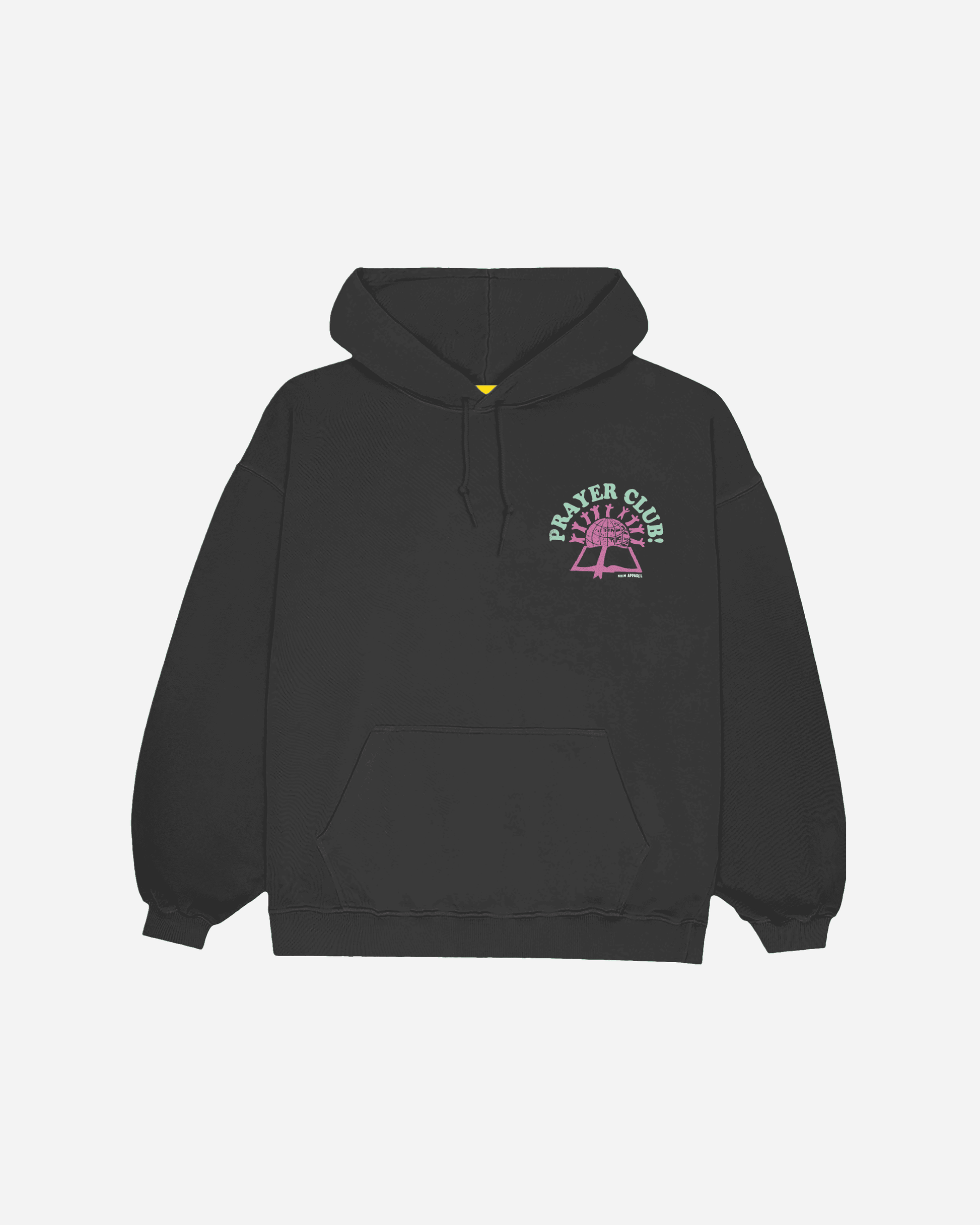 Prayer Club black colored hooded sweatshirt with green, pink, and purple graphic of people on the world with a bible made by NHIM APPAREL christian clothing brand