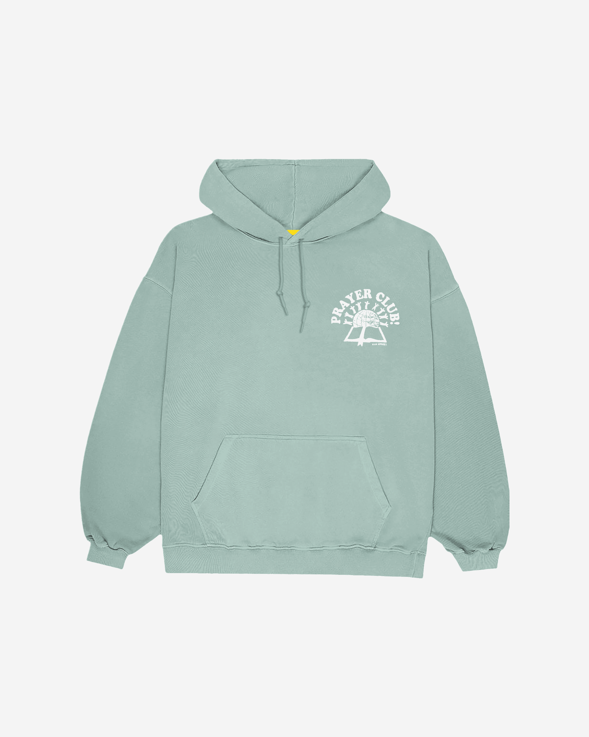 Prayer Club seafoam green colored hooded sweatshirt with white graphic of people on the world with a bible made by NHIM APPAREL christian clothing brand