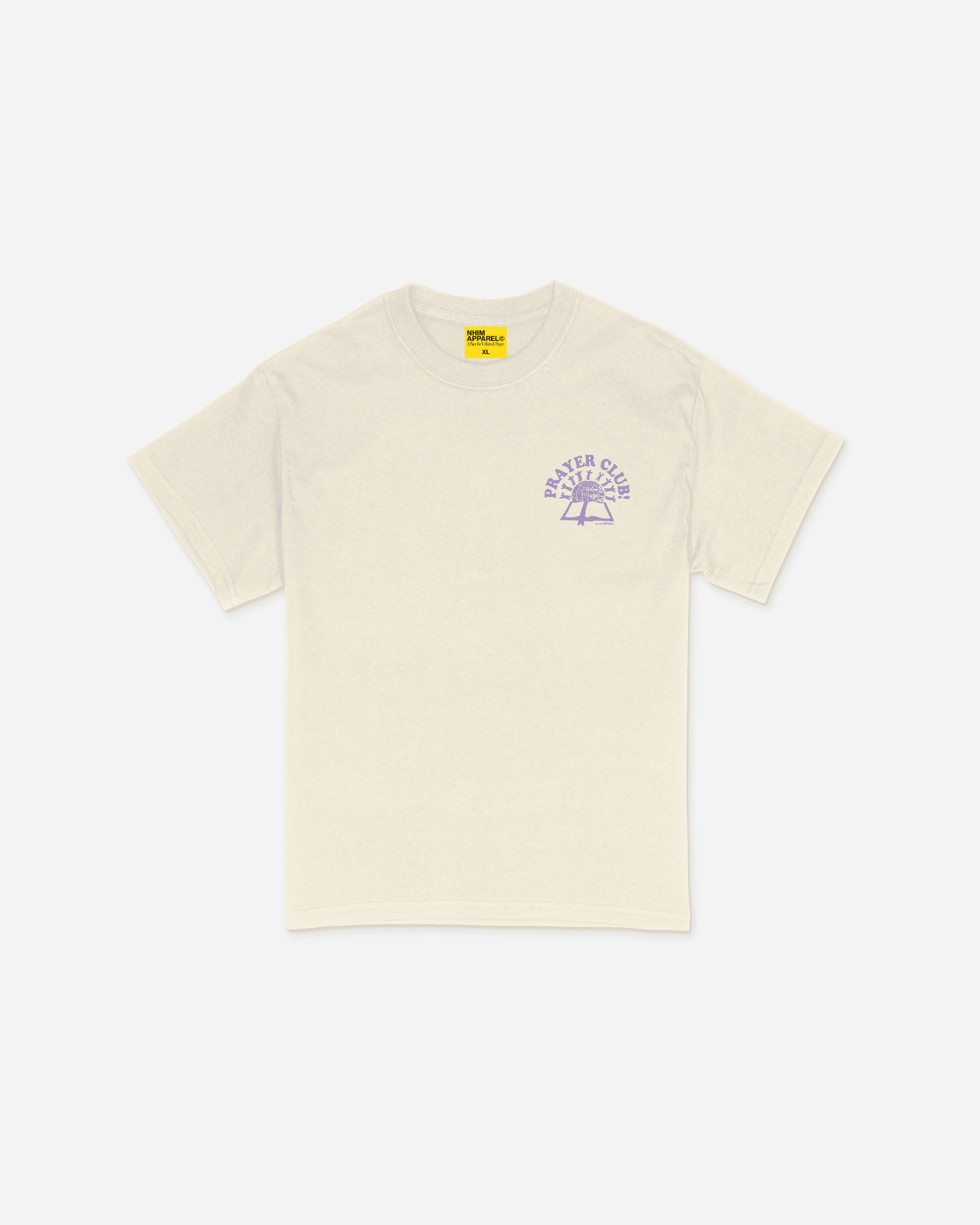 Prayer Club natural colored christian t shirt with purple graphic of people on the world with a bible made by NHIM APPAREL christian clothing brand