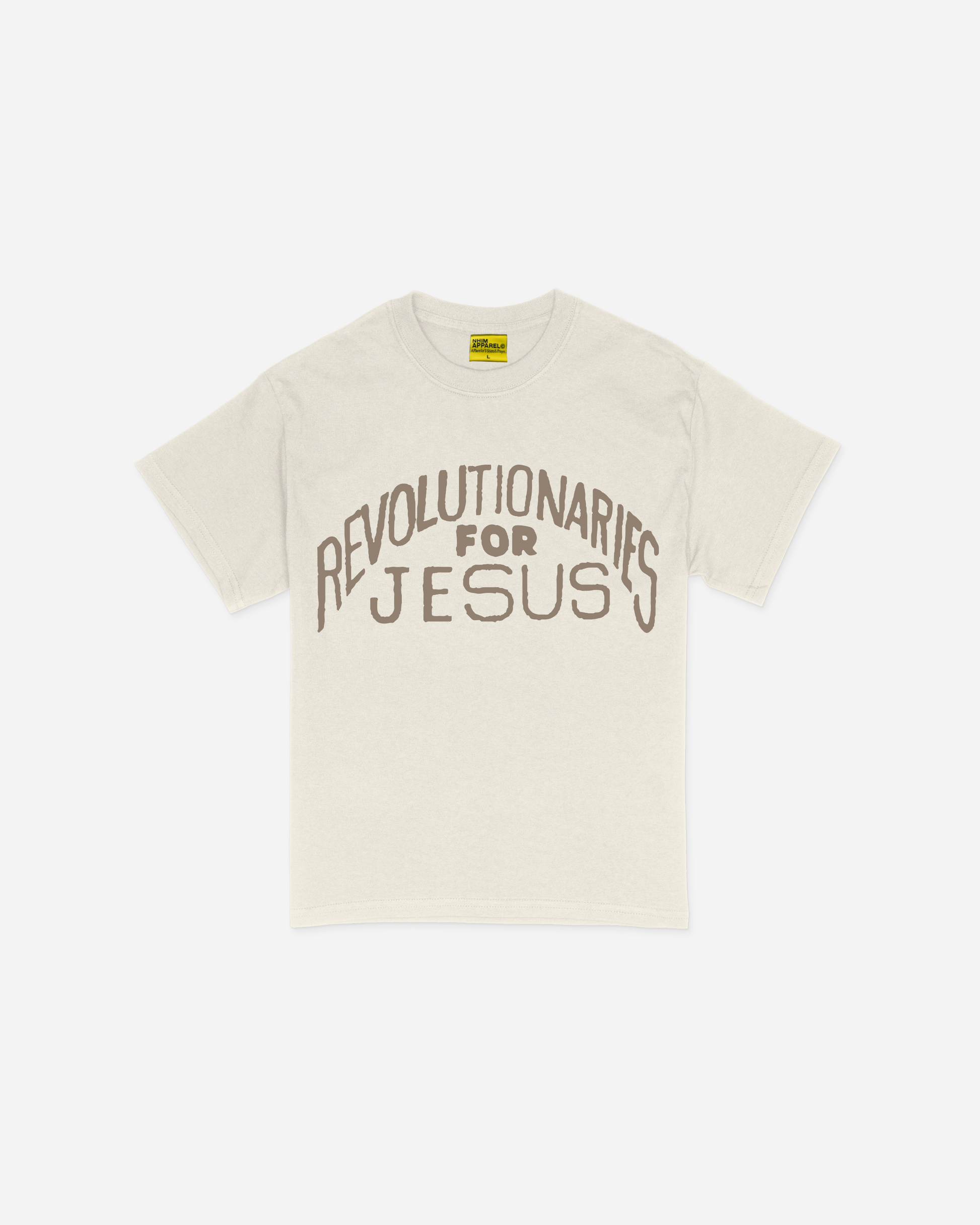 "Revolutionaries for Jesus" Christian T-Shirt in natural for the modern day Jesus People movement. New take on a vintage classic. Made in the USA by NHIM Apparel Christian clothing brand