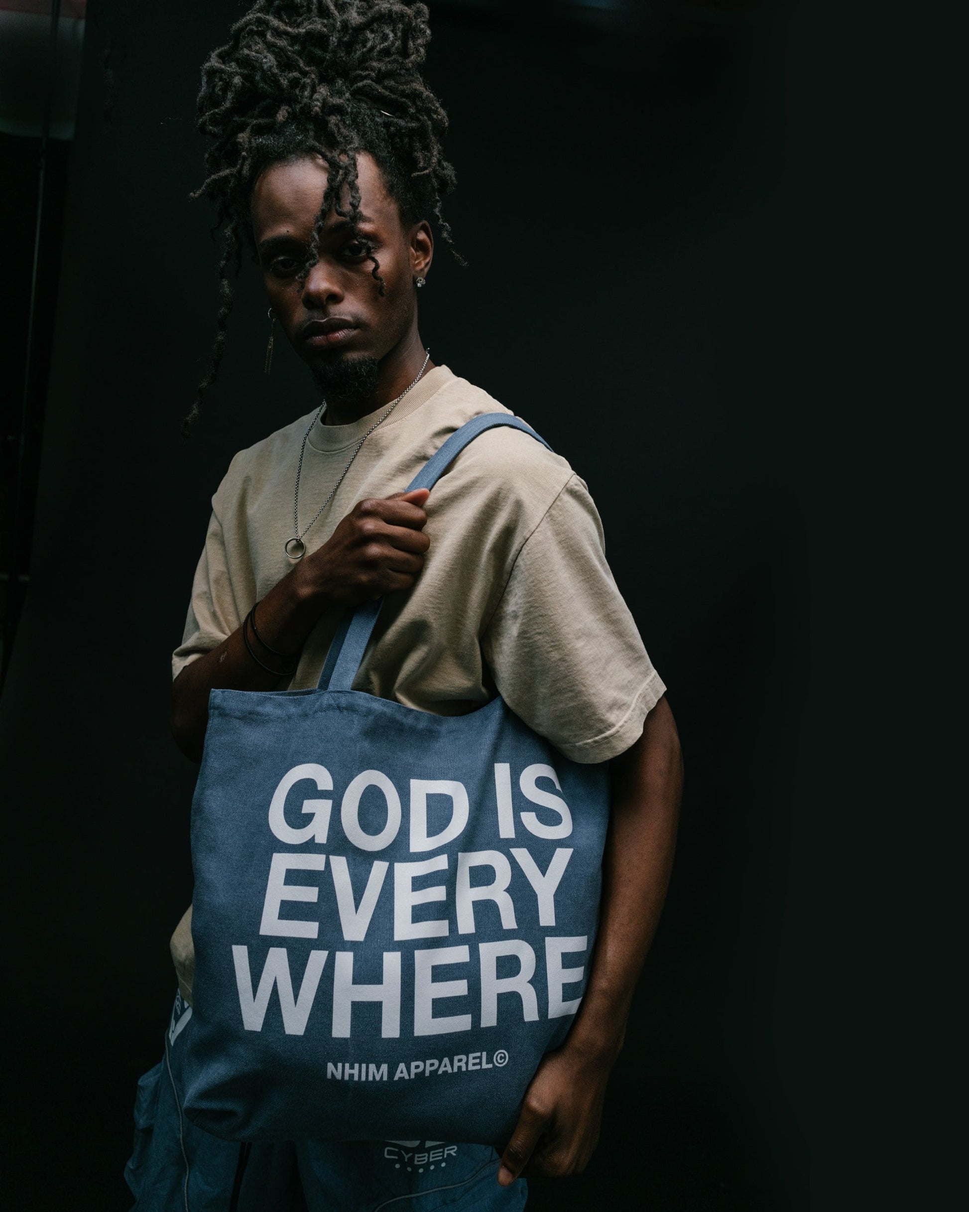 God Is Everywhere vintage blue colored premium christian tote bag by NHIM Apparel christian clothing brand