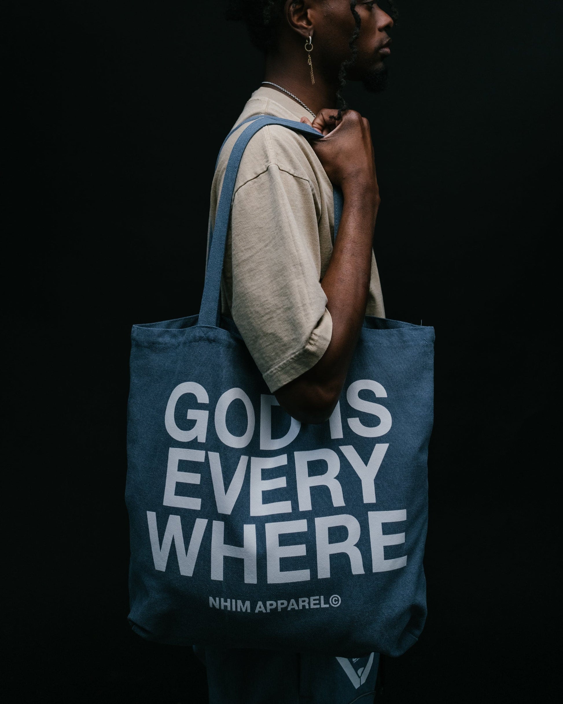 God Is Everywhere vintage blue colored premium christian tote bag by NHIM Apparel christian clothing brand