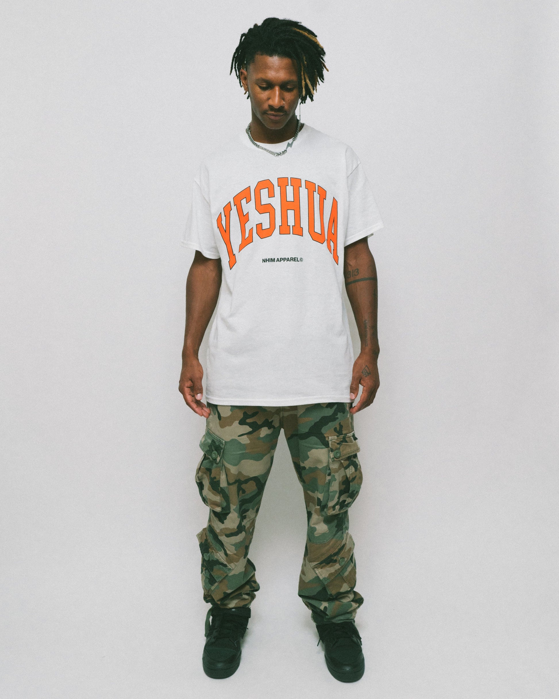 YESHUA shirt yeshua Christian T-Shirts from NHIM Apparel Christian Clothing Brand, white color T-Shirt with orange writing