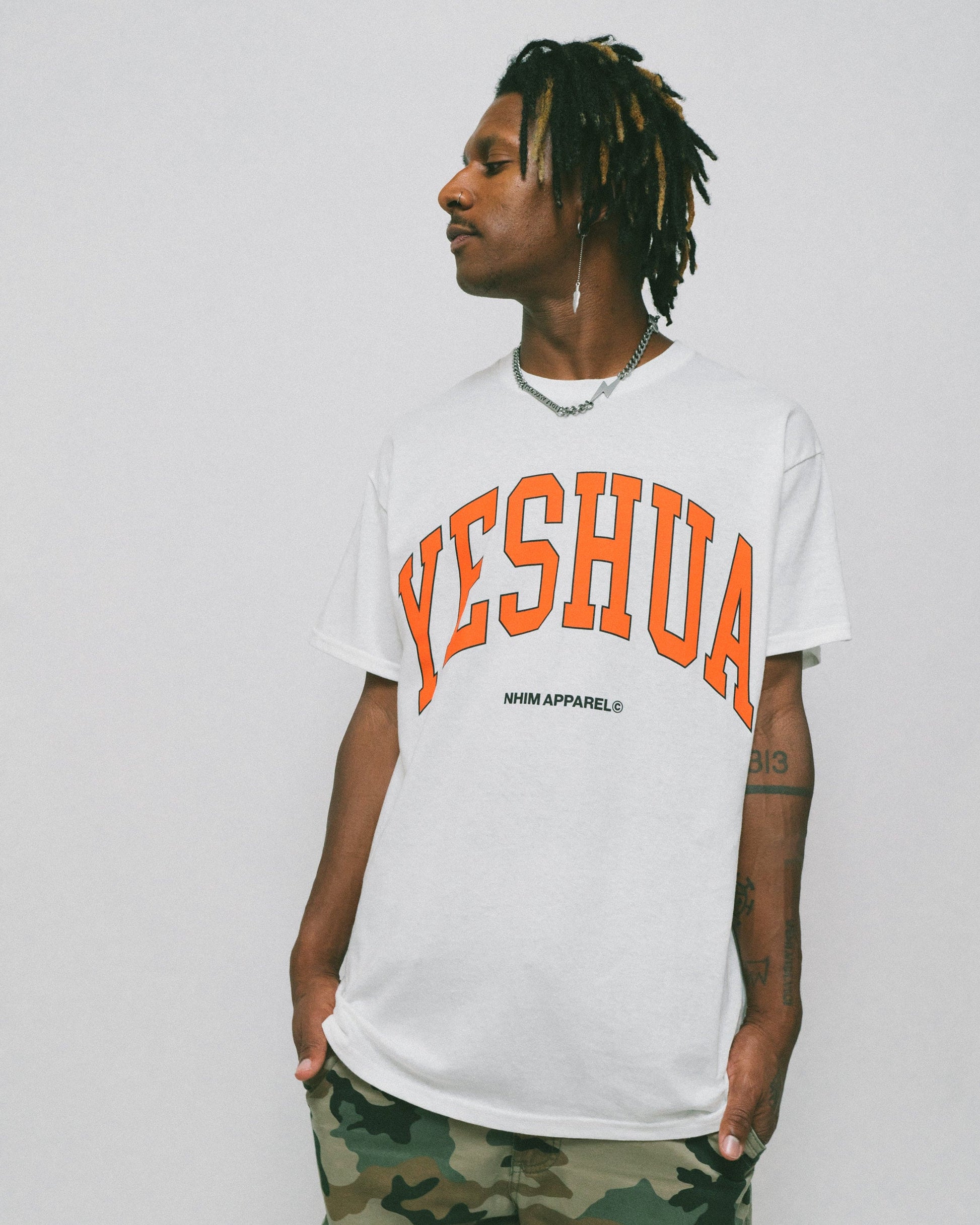 YESHUA shirt yeshua Christian T-Shirts from NHIM Apparel Christian Clothing Brand, white color T-Shirt with orange writing