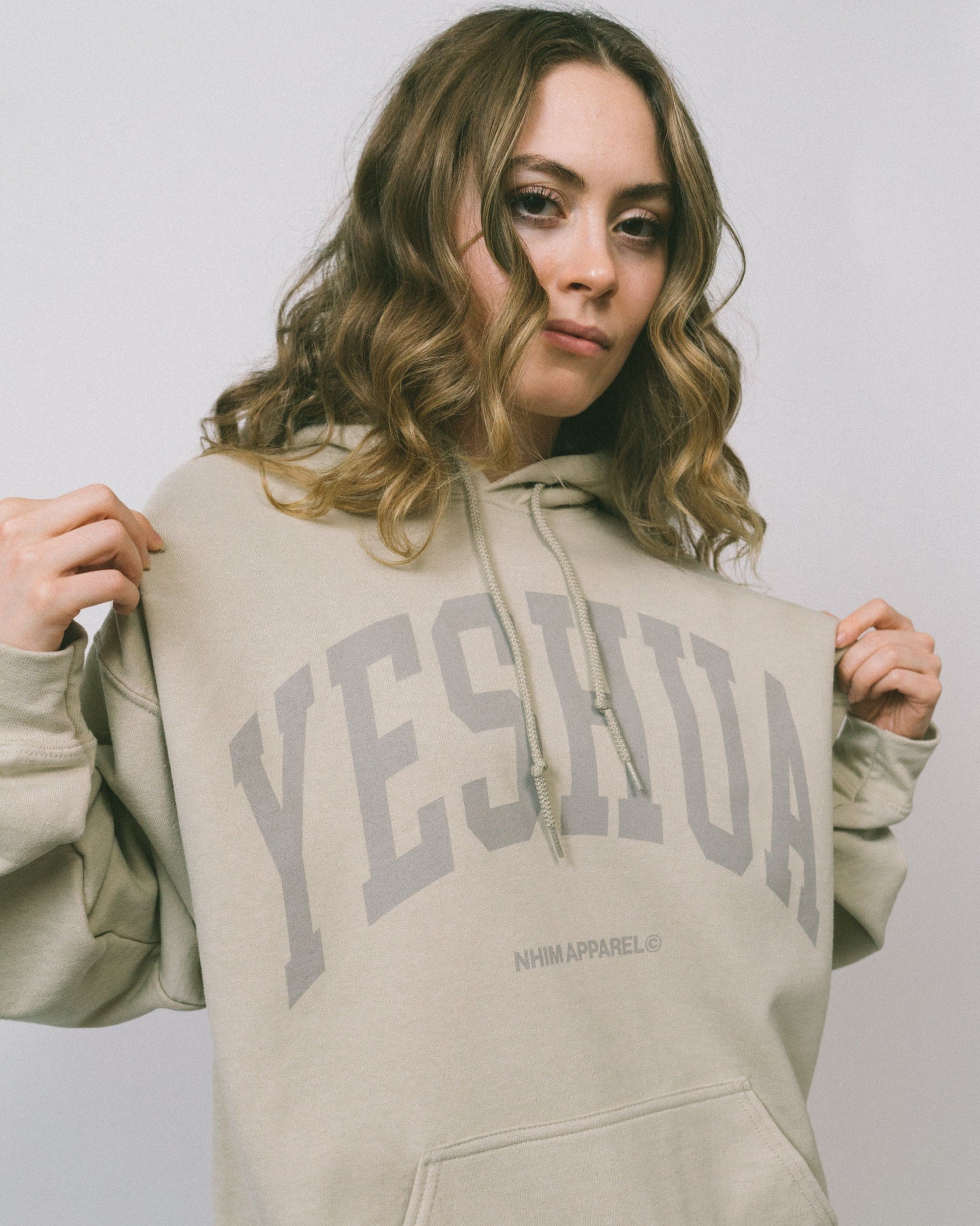 Yeshua hoodie YESHUA logo sand color hooded sweatshirt made by NHIM APPAREL christian clothing brand