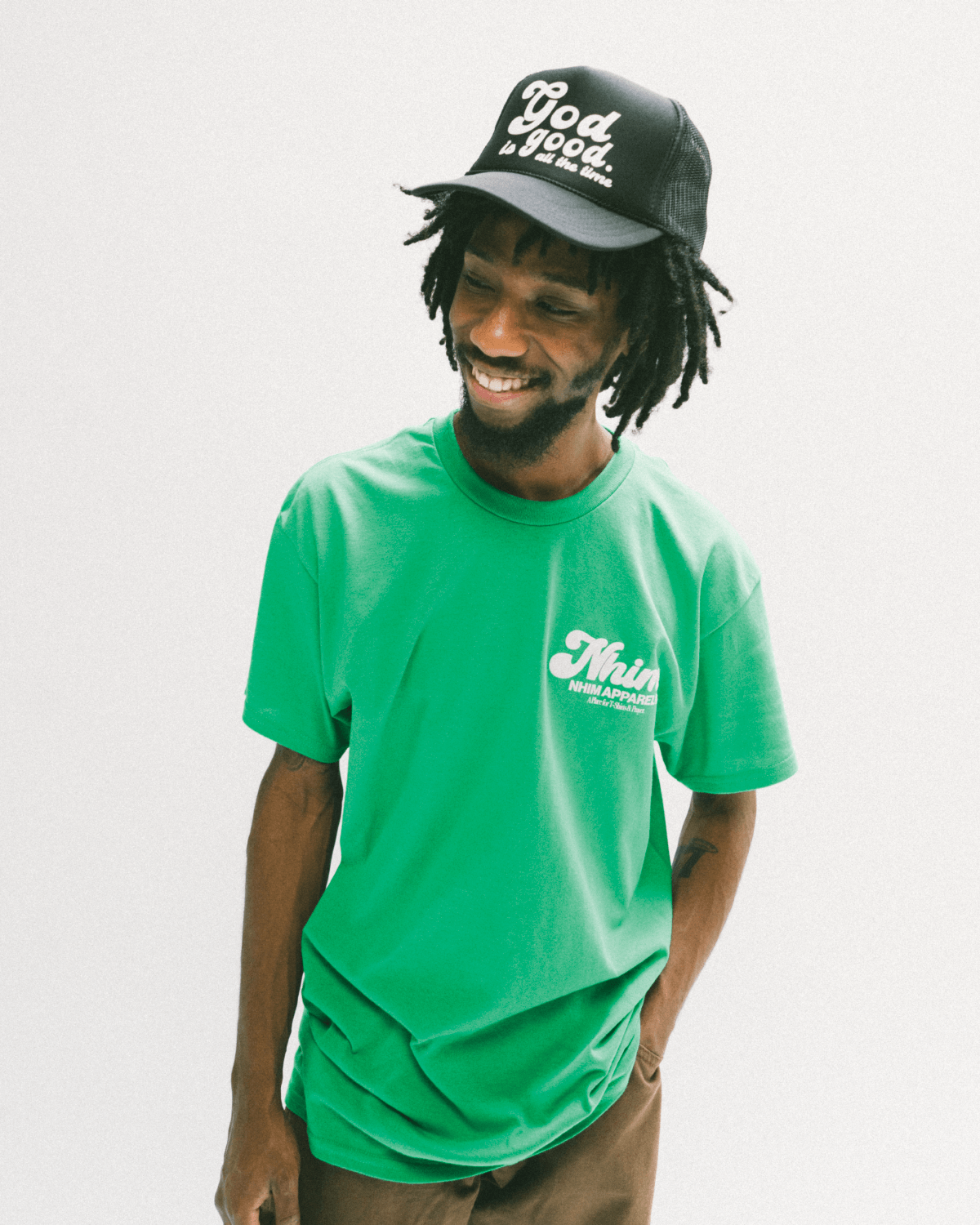 Christian hat. Christian T shirt. God is good all the time. Black trucker hat. NHiM Apparel.