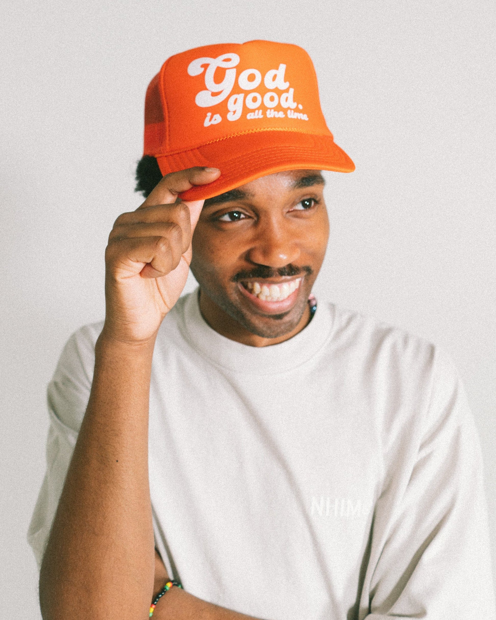 Christian hat. Christian t shirt. God is good all the time. Orange trucker hat. NHiM Apparel.