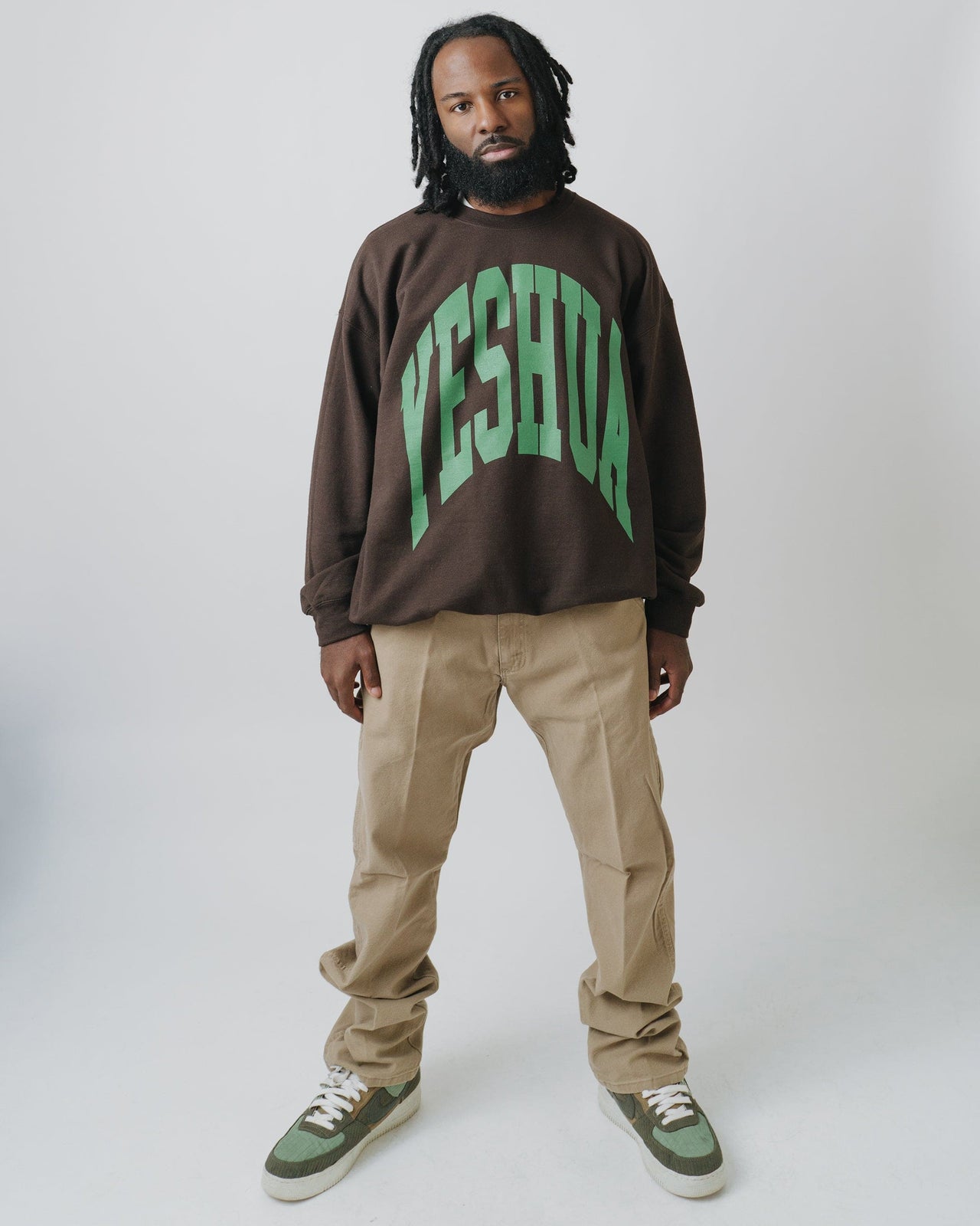 The Yeshua Spirit crewneck sweatshirt in brown by NHIM Apparel Christian clothing brand. He came to heal us, deliver us, and make us whole.