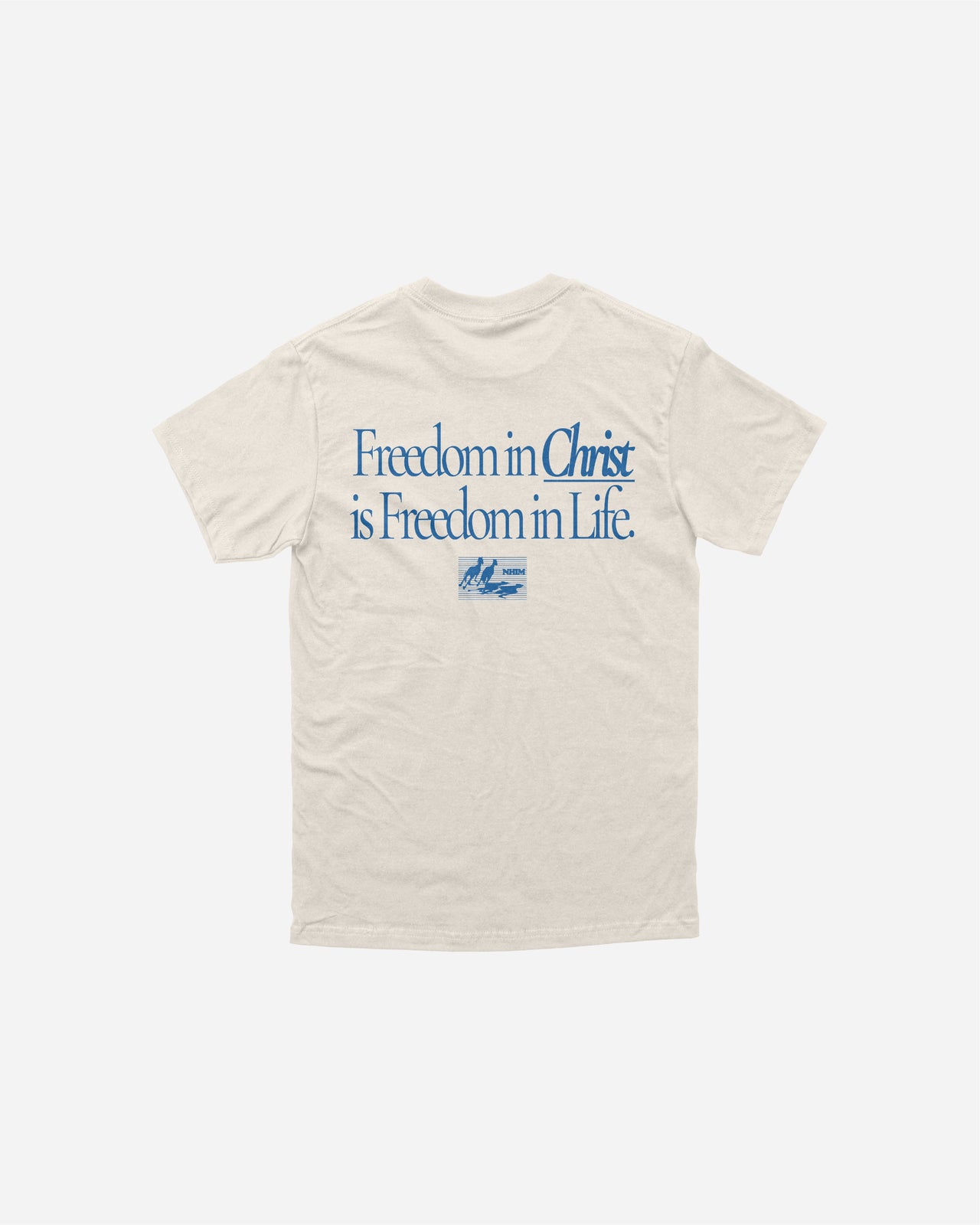 FREEDOM IN CHRIST TEE (cream/blue) by NHIM Apparel Christian clothing brand