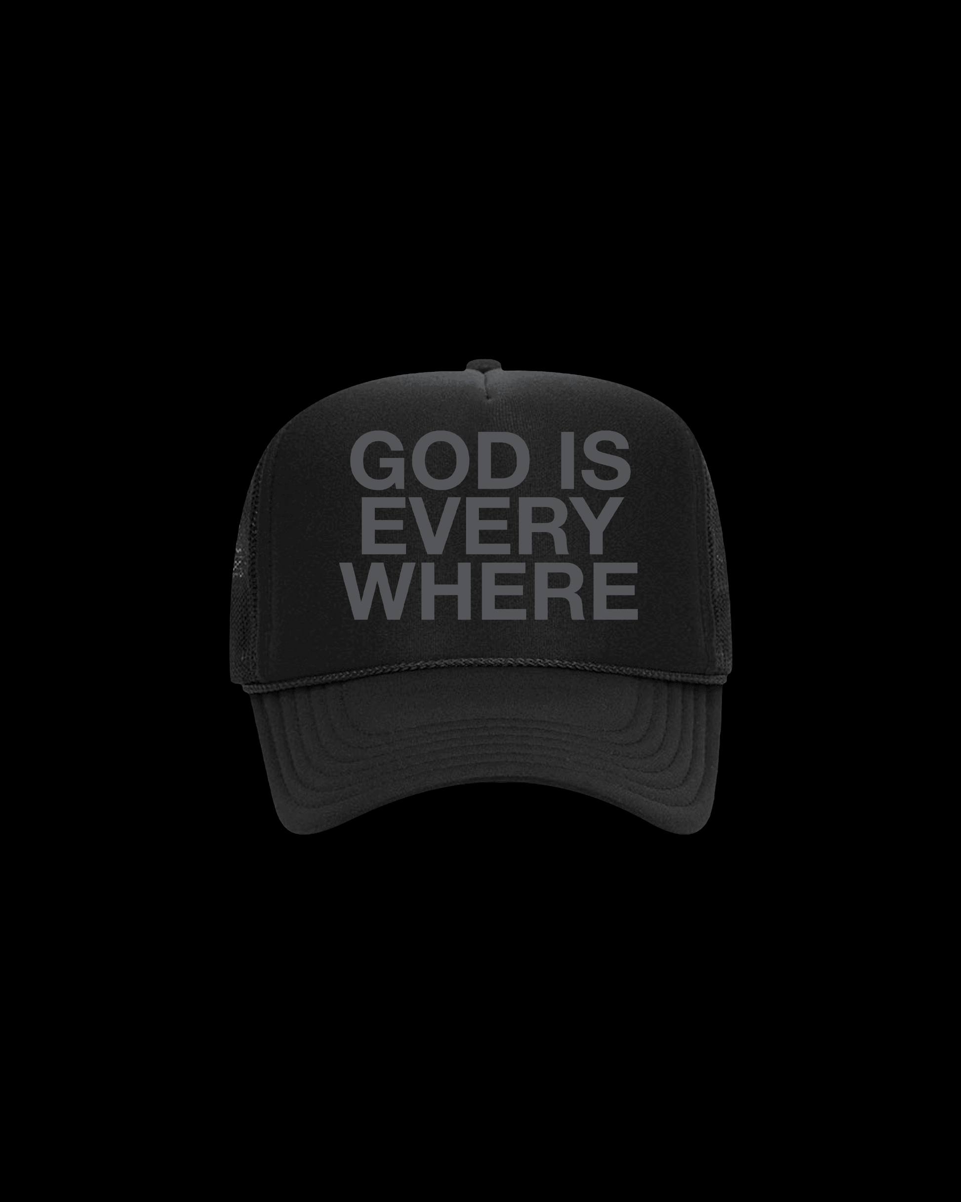 God Is Everywhere black colored christian trucker hat by NHIM Apparel christian clothing brand