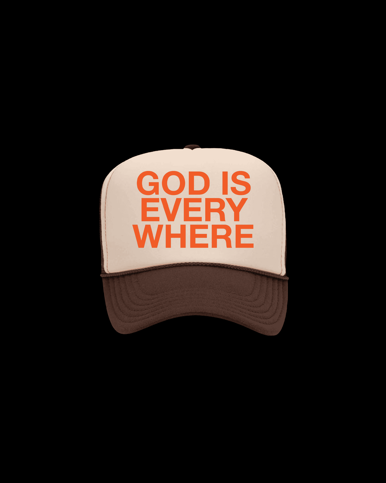 GOD IS EVERYWHERE Trucker hat brown and tan with orange writing. Christian hat by NHIM APPAREL. model portrait holding hat