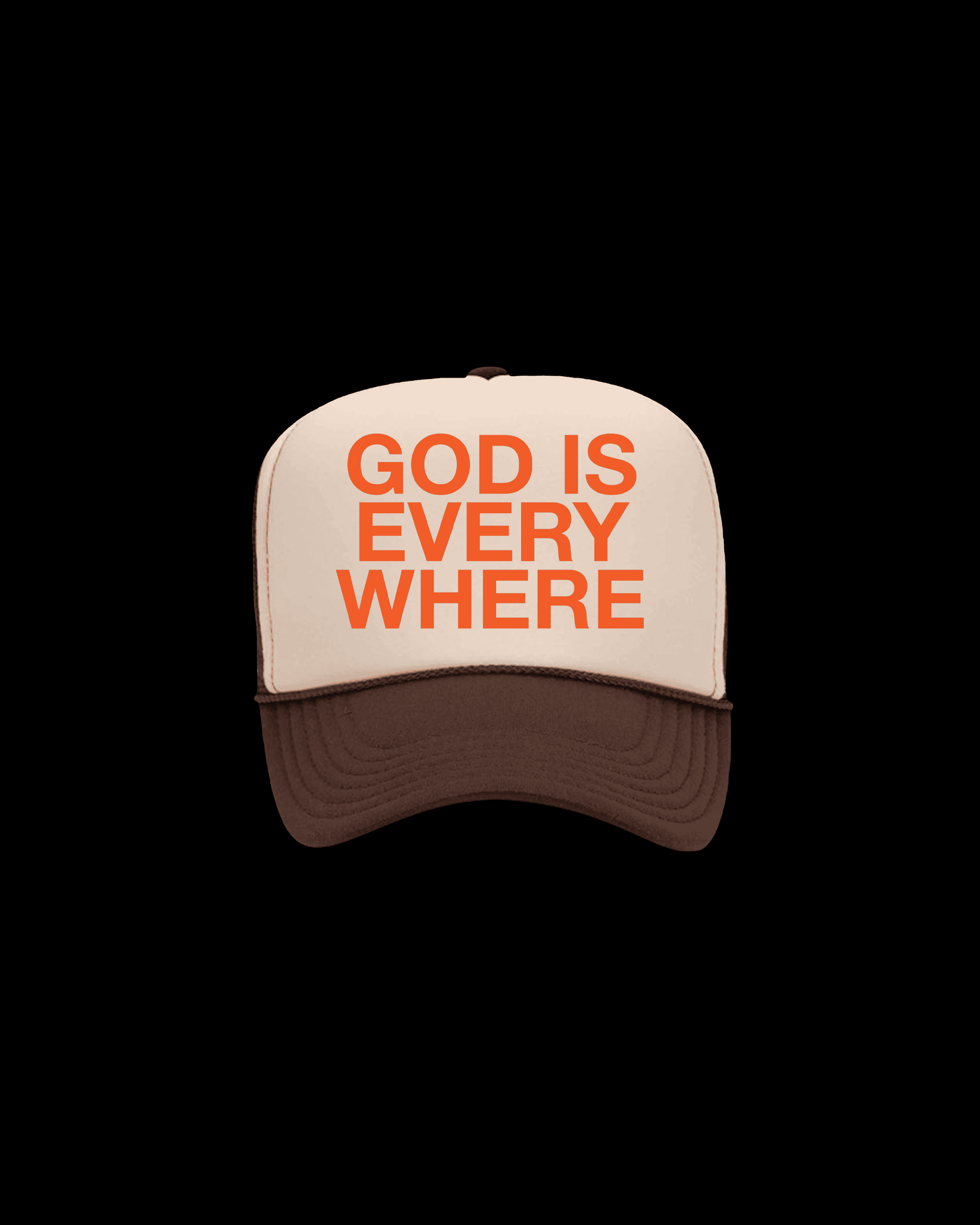 God Is Everywhere brown/tan colored christian trucker hat by NHIM Apparel christian clothing brand