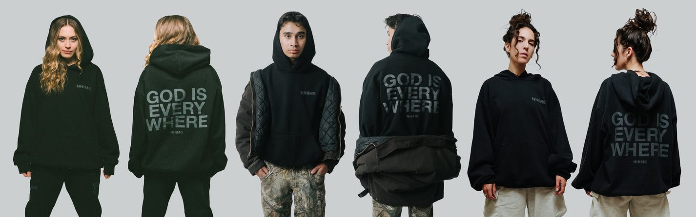 God is Everywhere Blackout hoodie banner with 6 models wearing the hoodie by NHIM Apparel christian clothing brand