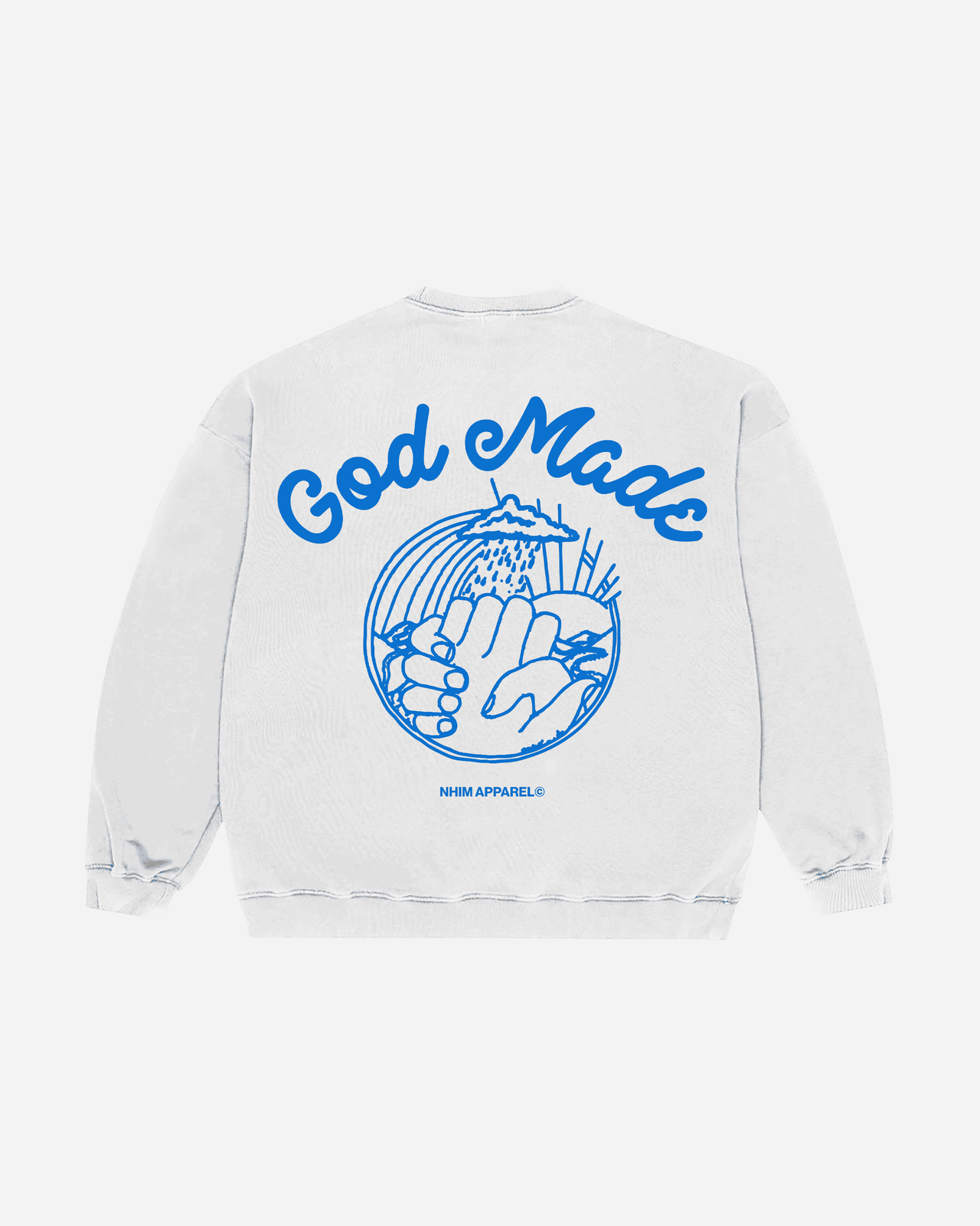 God Made white crew neck sweatshirt with blue graphic made by NHIM APPAREL christian clothing brand