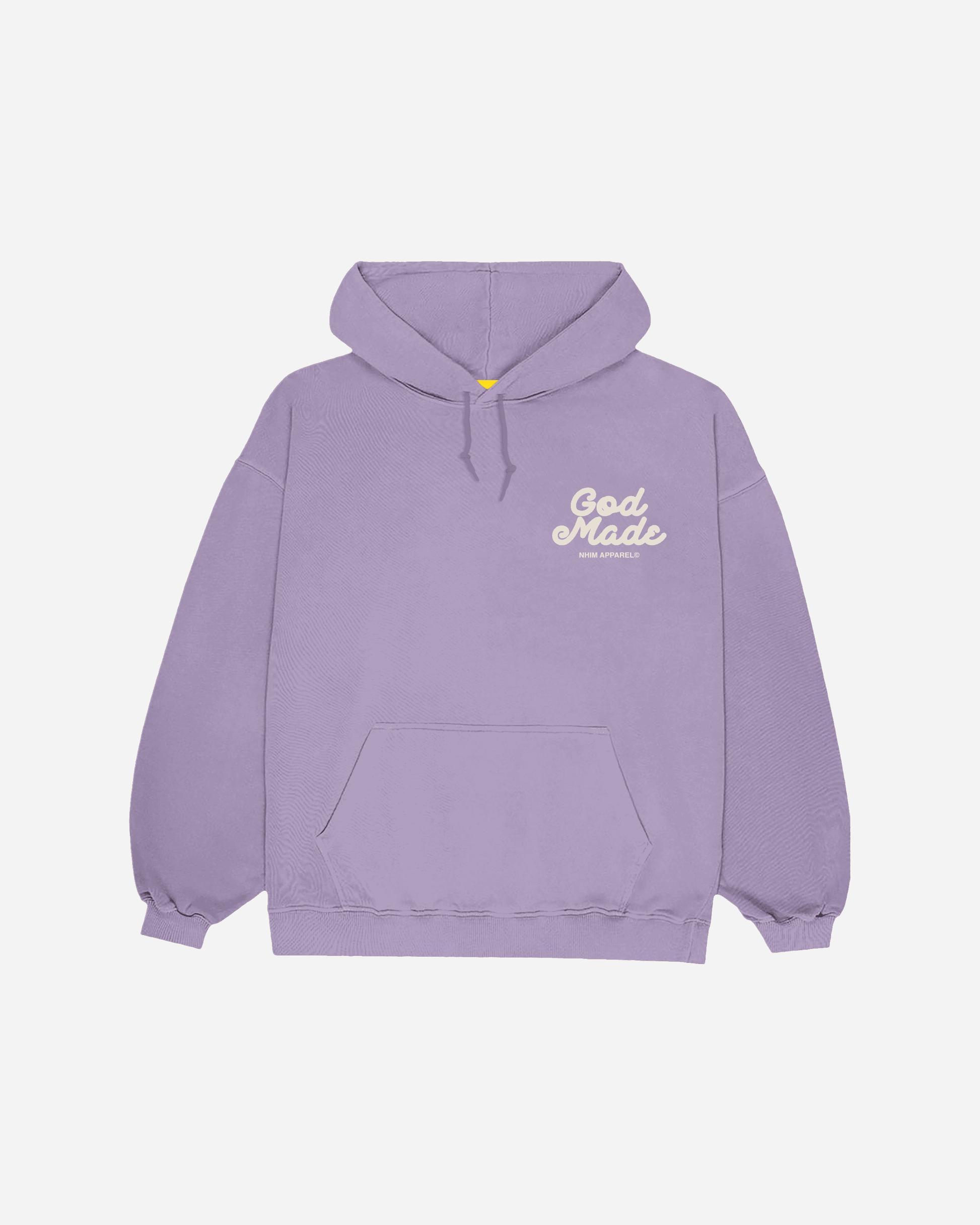 God Made lavender colored hooded sweatshirt with white graphic made by NHIM APPAREL christian clothing brand
