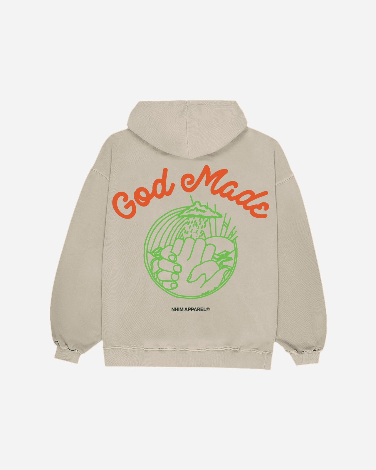 God Made sand colored hooded sweatshirt with orange and green graphic made by NHIM APPAREL christian clothing brand