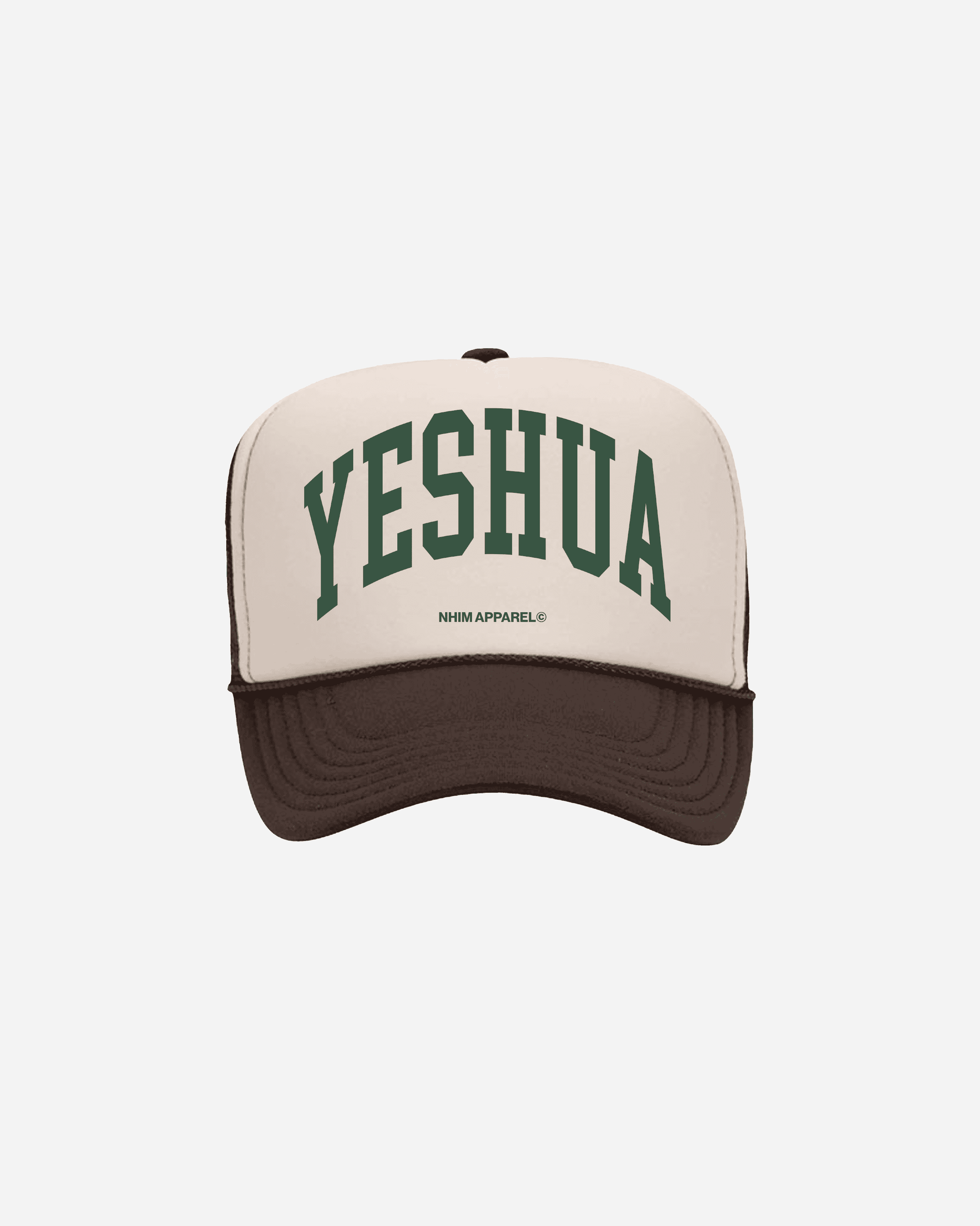 yeshua logo christian trucker hat in brown and tan by NHIM Apparel Christian clothing brand