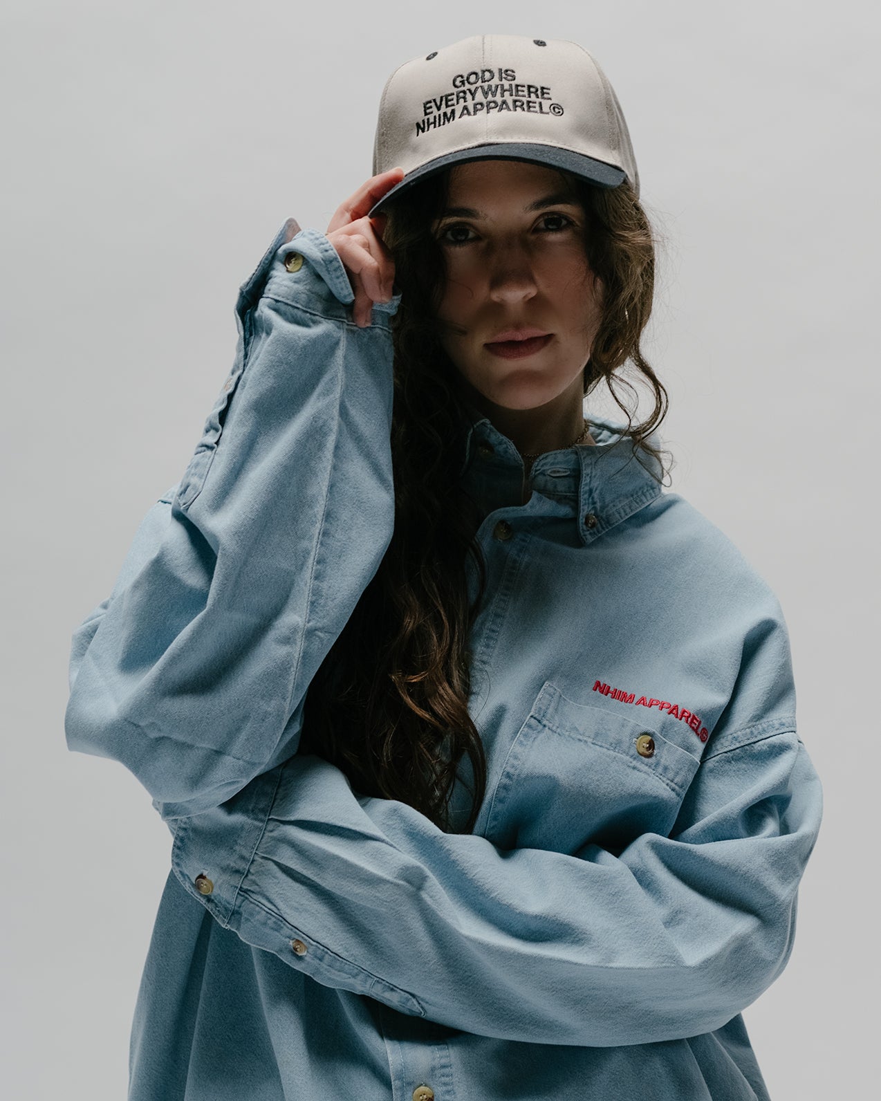 GOD IS EVERYWHERE DENIM work shirt and two tone hat on a model by nhim apparel christian clothing brand