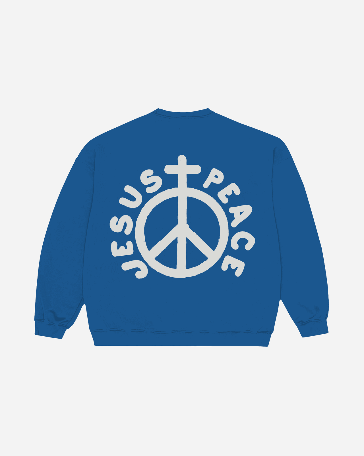 "Jesus Peace" Crewneck Sweatshirt in Royal for the modern day Jesus People movement. A collection inspired by the words of 2 Thessalonians. Made in the USA by NHIM Apparel Christian clothing brand