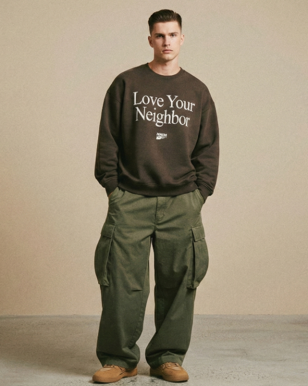 Man wearing a sweatshirt with 'Love Your Neighbor' text on a plain background