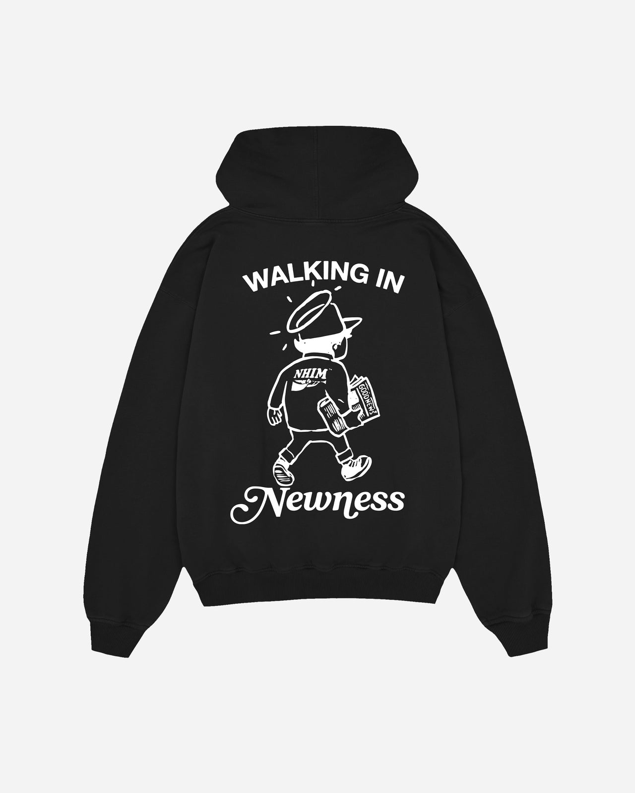 walking in newness hoodie in black by NHIM Apparel christian clothing brand - picture of hoodie mock back