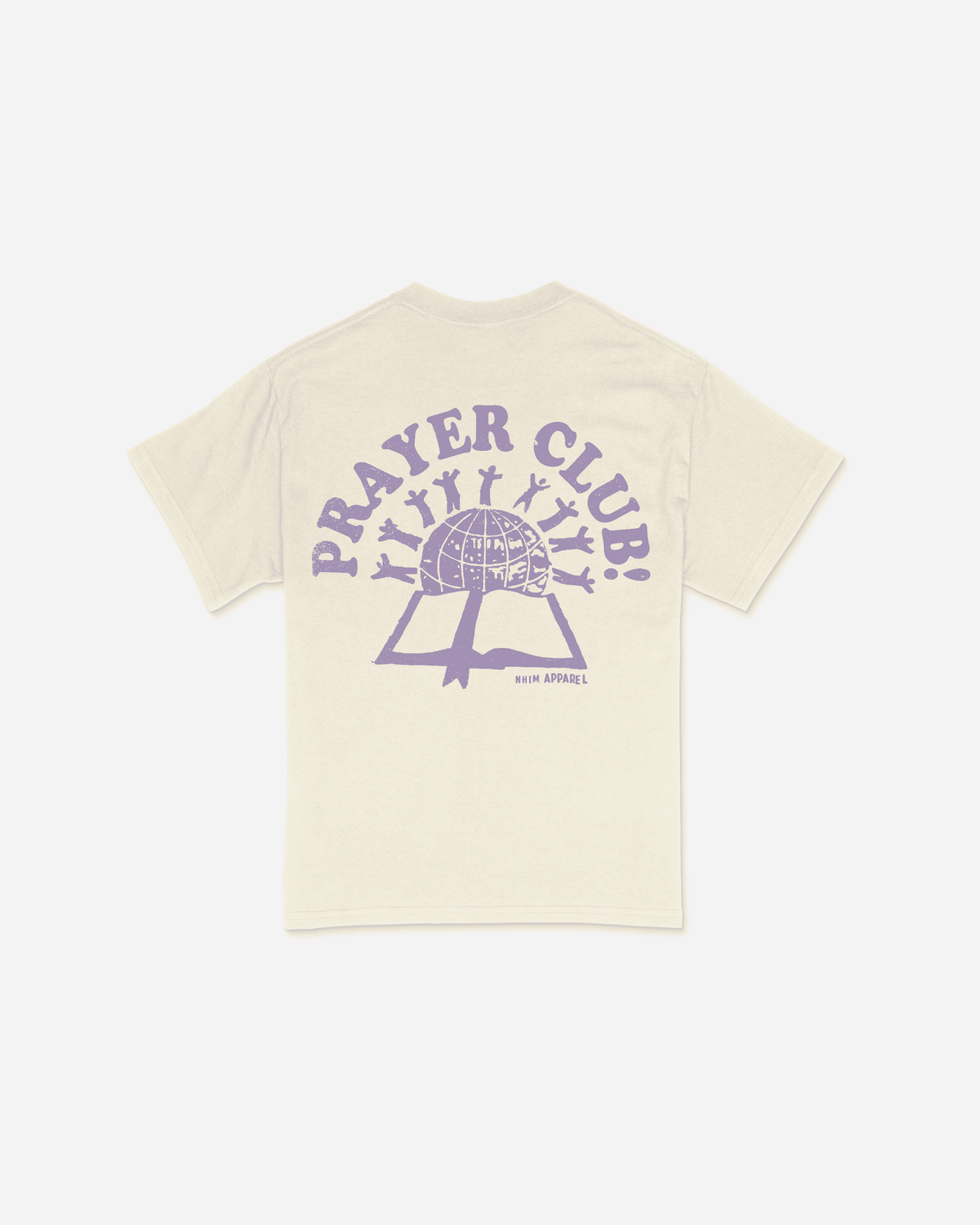 Prayer Club natural colored christian t shirt with purple graphic of people on the world with a bible made by NHIM APPAREL christian clothing brand