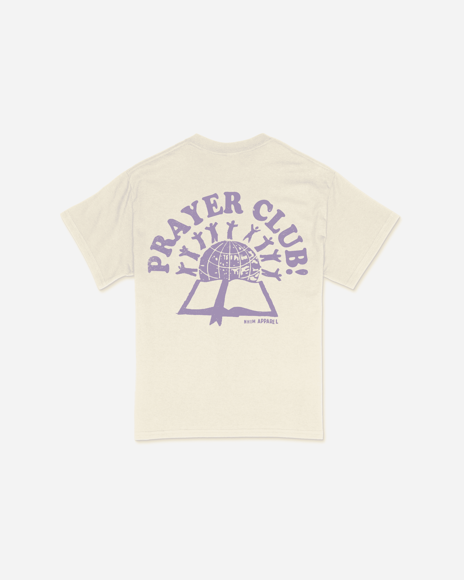 Prayer Club natural colored christian t shirt with purple graphic of people on the world with a bible made by NHIM APPAREL christian clothing brand