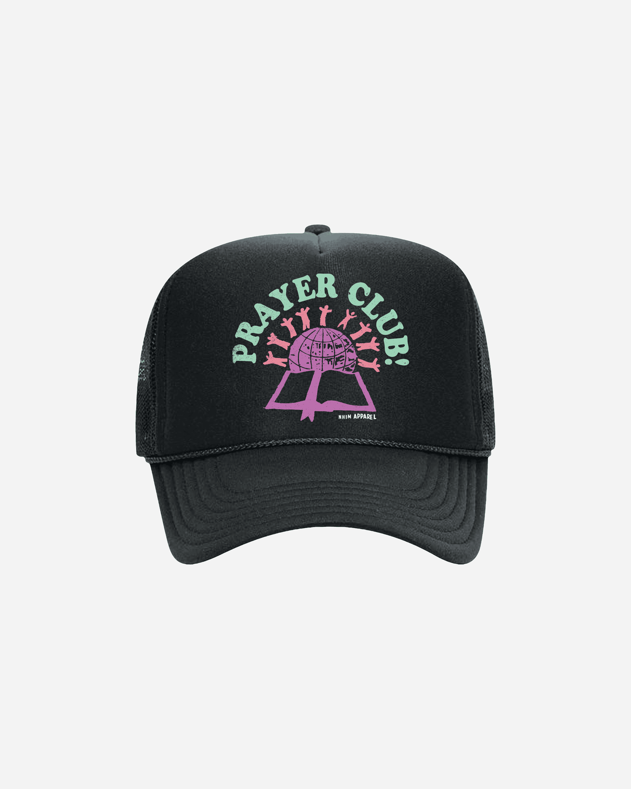 Prayer Club black colored christian trucker hat with green, pink, purple graphic of people on the world with a bible made by NHIM APPAREL christian clothing brand