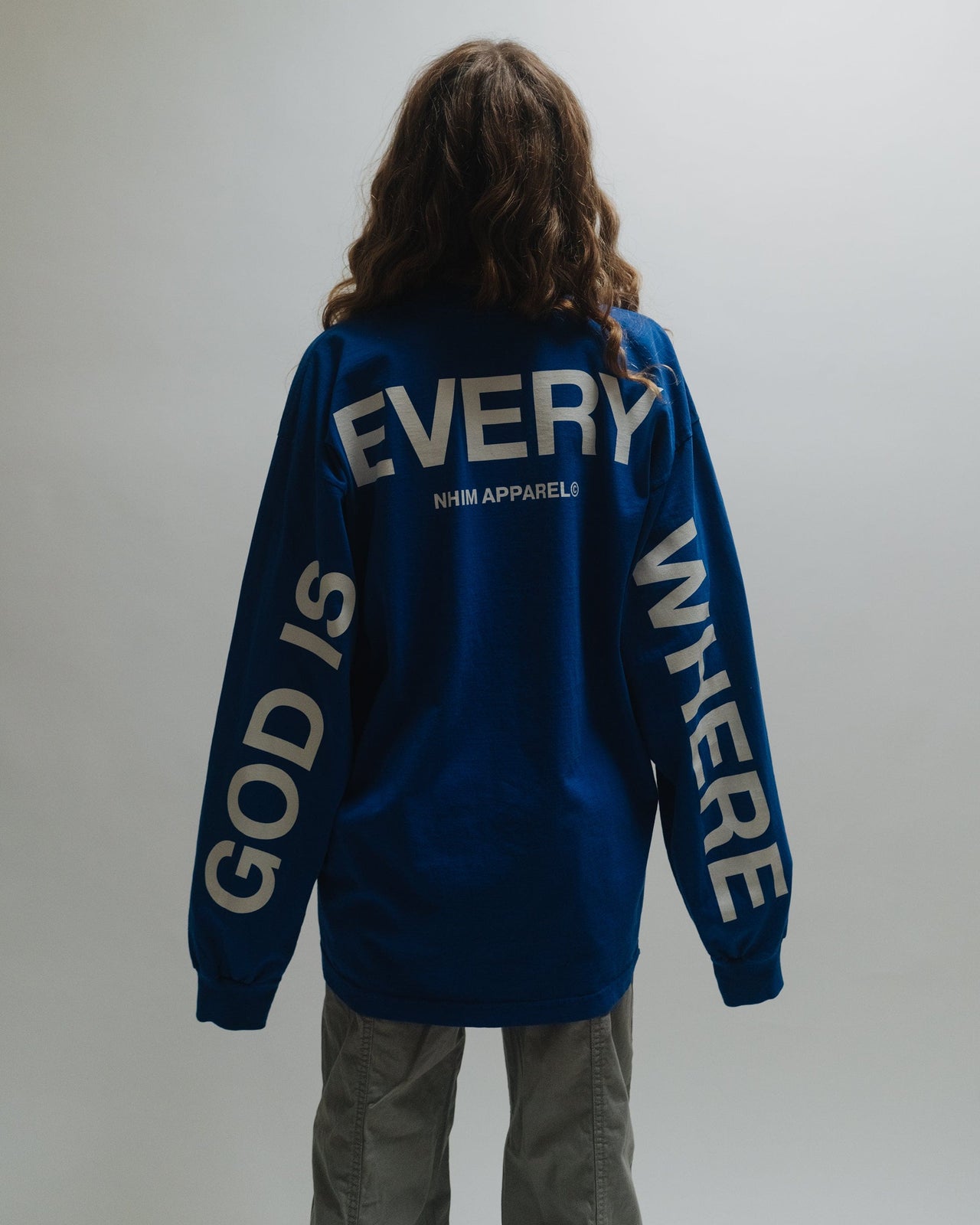 God Is Everywhere christian long sleeve shirt in cobalt by NHIM Apparel Christian clothing brand.