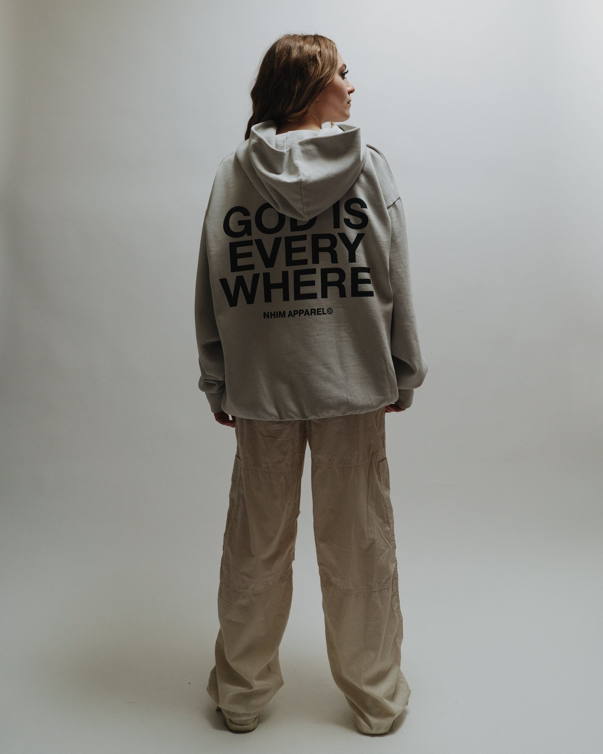 God Is Everywhere Christian hoodie in Cement, Garment Dyed Made in the USA by NHIM Apparel Christian Clothing Brand