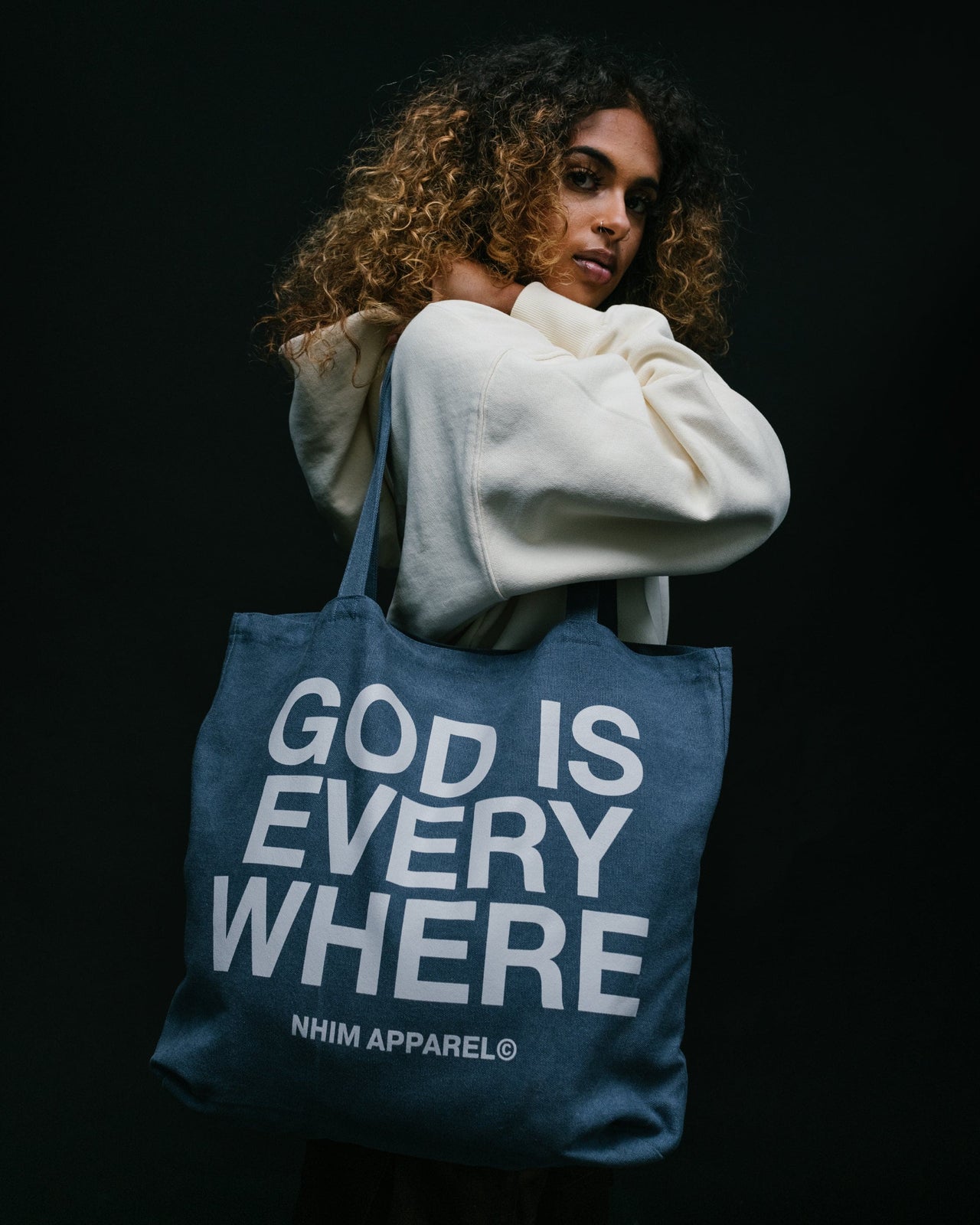 God Is Everywhere vintage blue colored premium christian tote bag by NHIM Apparel christian clothing brand