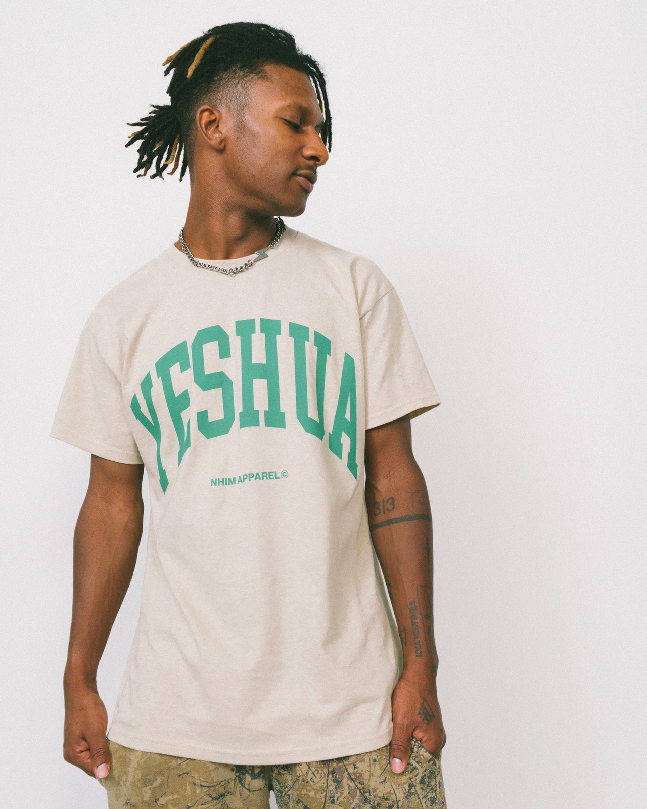 YESHUA shirt, Christian T-Shirts from NHIM Apparel Christian Clothing Brand, Sand color Yeshua T-Shirt with green writing