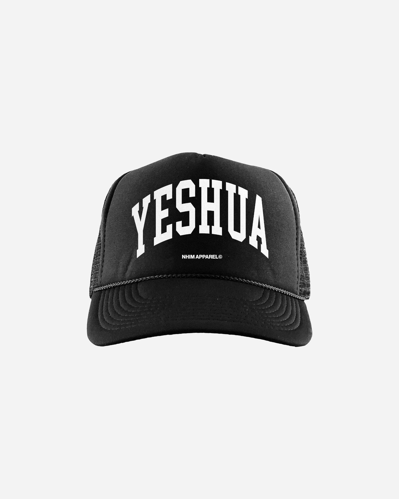 YESHUA Christian trucker hat from NHIM Apparel Christian Clothing Brand, black hat with white writing