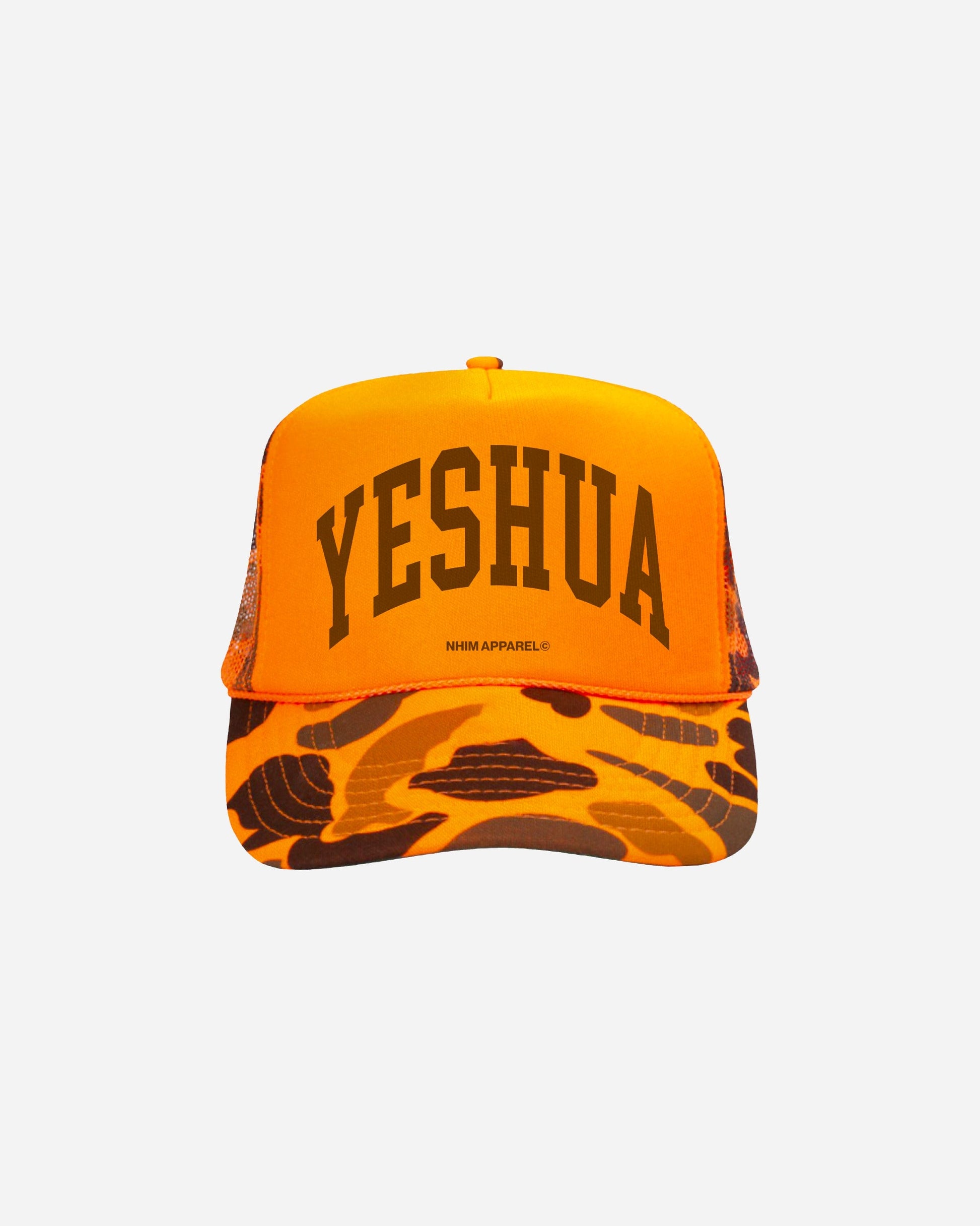 YESHUA Christian trucker hat from NHIM Apparel Christian Clothing Brand, hunter orange camo hat with brown writing