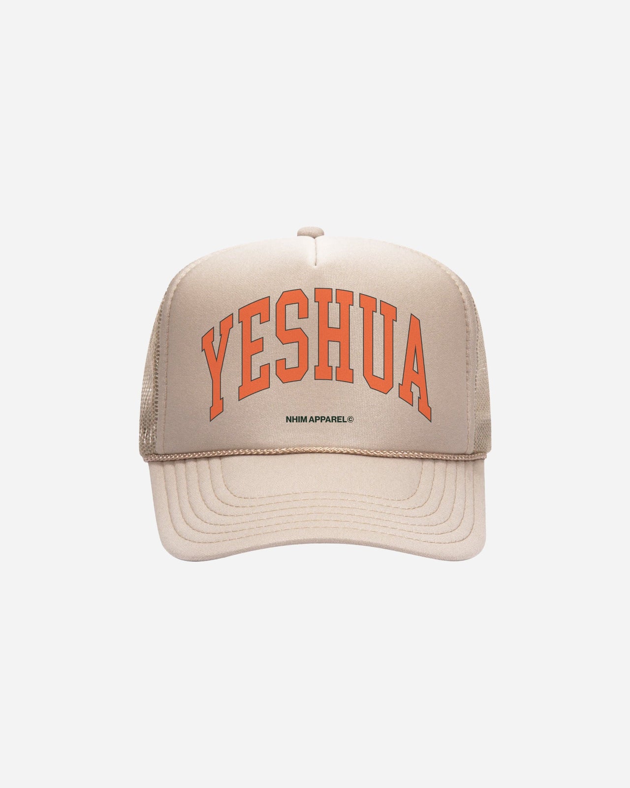 YESHUA Christian trucker hat from NHIM Apparel Christian Clothing Brand, khaki hat with orange writing