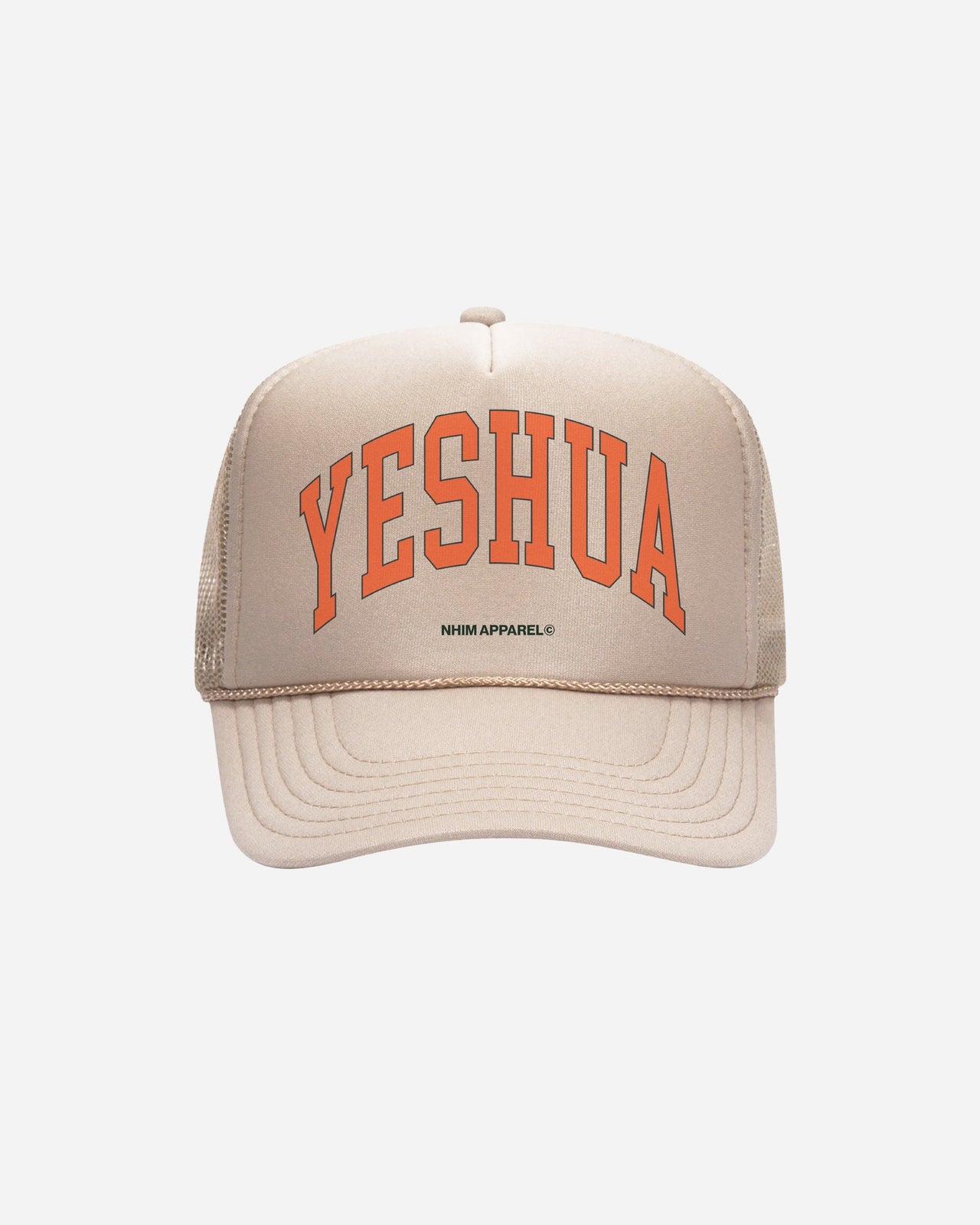 YESHUA Christian trucker hat from NHIM Apparel Christian Clothing Brand, khaki hat with orange writing